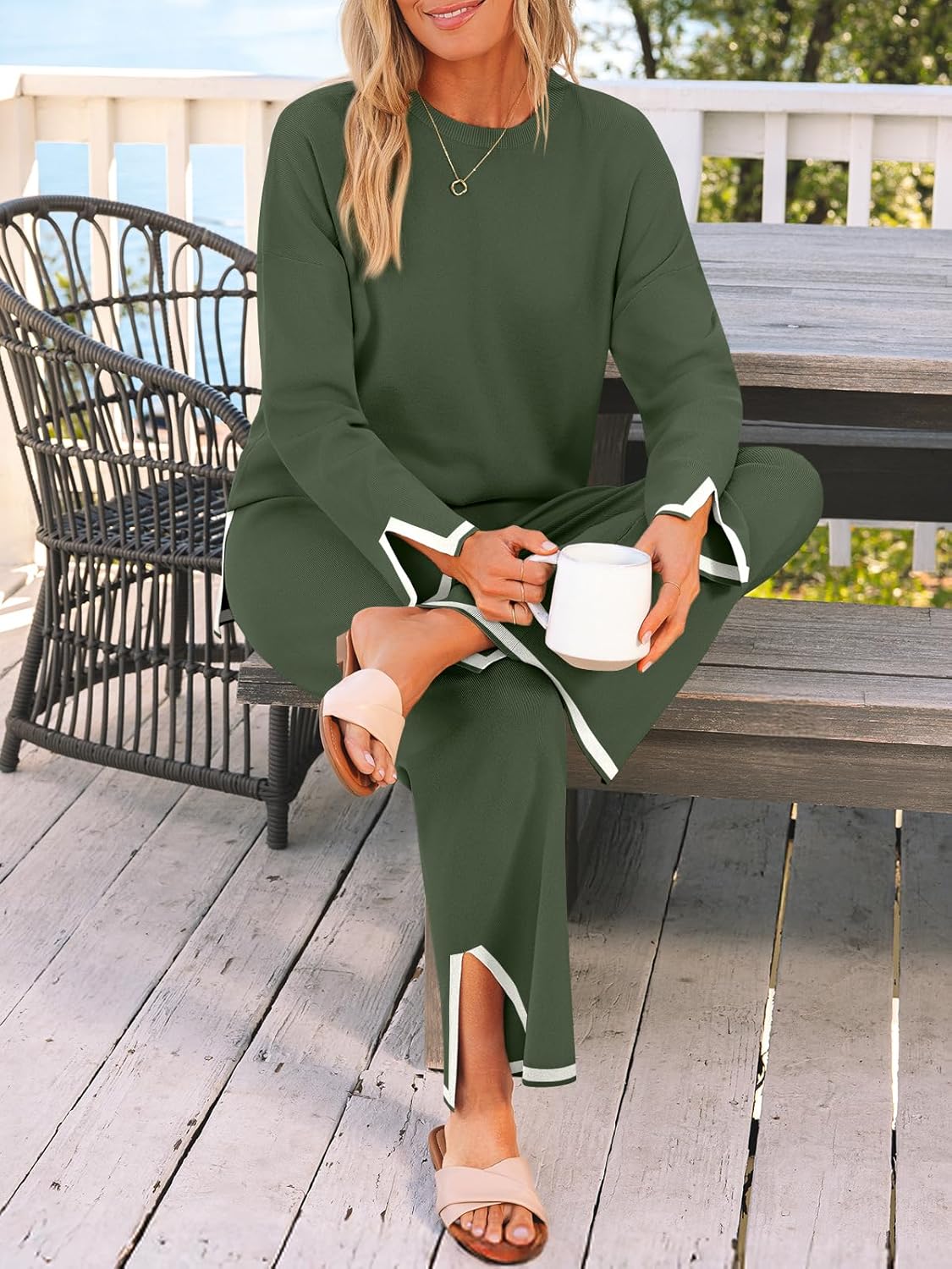 LILLUSORY Women Fall 2 Piece Lounge Set Outfits Sweatsuits Long Sleeve Sweater Tops Wide Leg Pants - Image 6