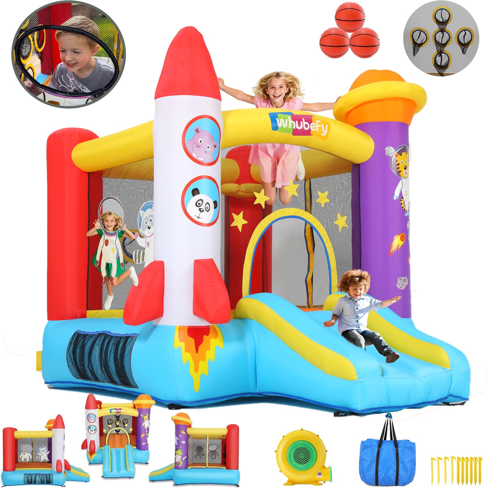 Castillo Hinchable para niños pequeños (2-8 años), Castillo Hinchable con soplador, área de Juego de astronautas y Zona de Tiro, Castillo Hinchable de Cohetes para Fiestas en Interiores y Exteriores