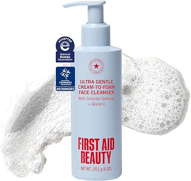 First Aid Beauty Ultra Gentle Cream-to-Foam Pure Facial Cleanser   Makeup Removing Face Cleanser - Face Wash with Colloidal Oatmeal & Glycerin, for Sensitive, Acne & Blemish-Prone Skin, 6 oz