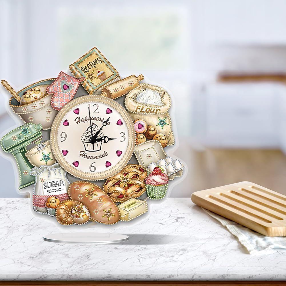 DIY 5D Diamond Art Table Clock - Special Shaped Crystal Rhinestone Bread Food Design Desktop Clock Kit for Home Office Decor, Handmade Arts and Crafts Gift for Adults Beginner