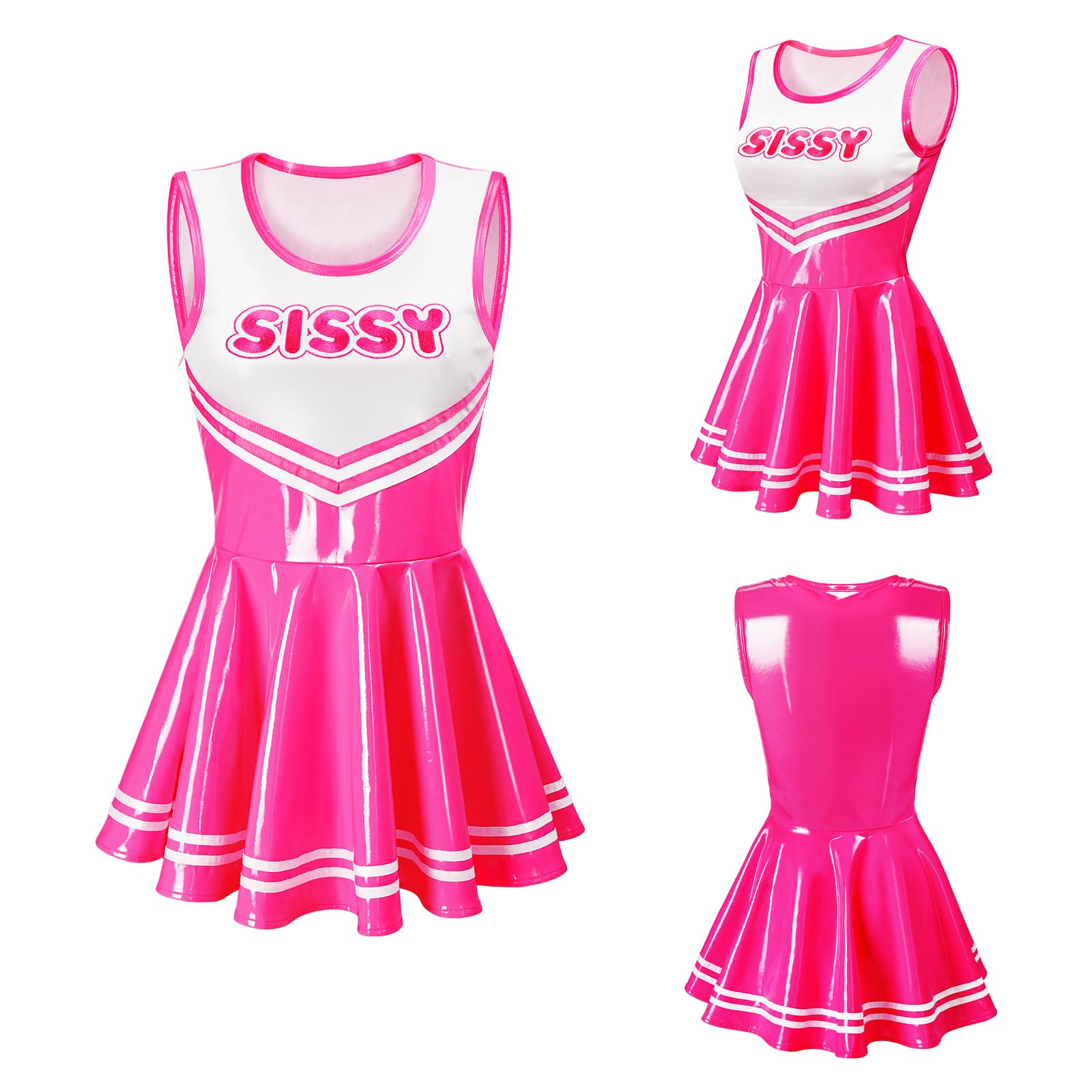 Littleforbig Women Sleeveless Overall Cheer Sissy Bodycon Mini Dress Skirt: Faux Leather Hot Pink X-Large