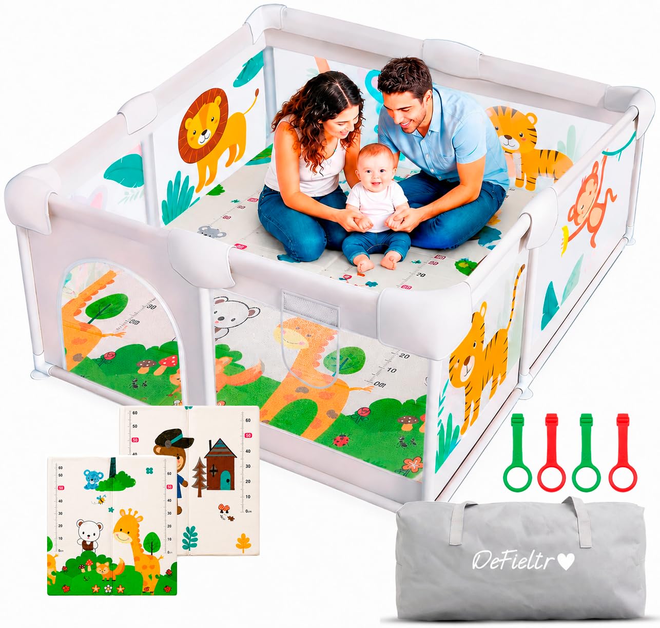 Parque Infantil Bebe 120x120 - Corralito Bebe con Malla de Animales Transpirable - Corral Plegable Baby ANTIDESLIZANTE - Alfombra Acolchada + 4 Anillas + Bolso de Transporte