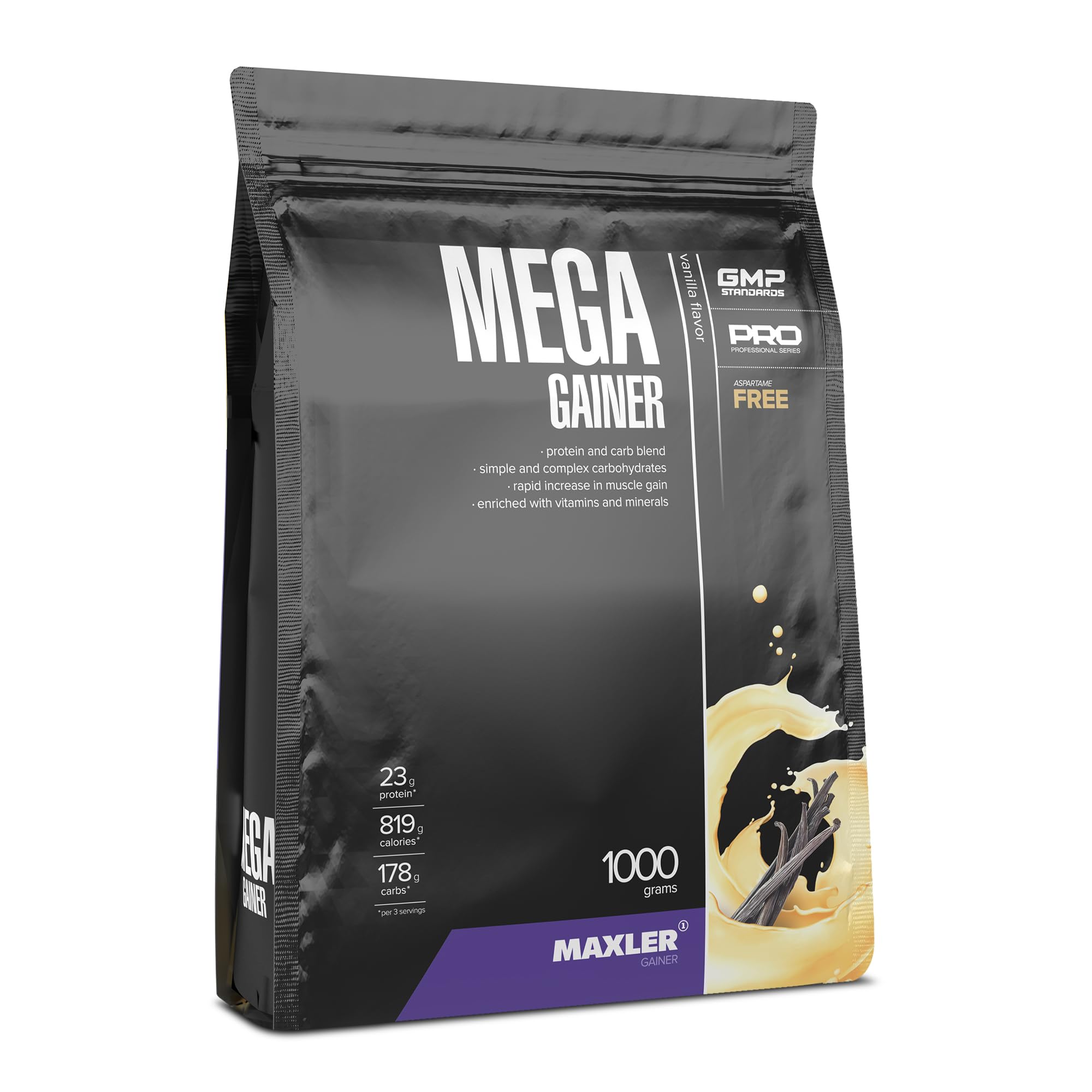 Maxler Mega Gainer - Gain de poids pour développer les muscles - Vanille - 1000g - combinaison de protéines, glucides, vitamines et minéraux - 10% de protéines de lactosérum - shake riche en calories