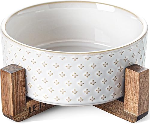 LE TAUCI Cuencos de comida para perros, 3 tazas de cerámica para perros con soporte de madera de acacia, cuenco de agua para perros pequeños y