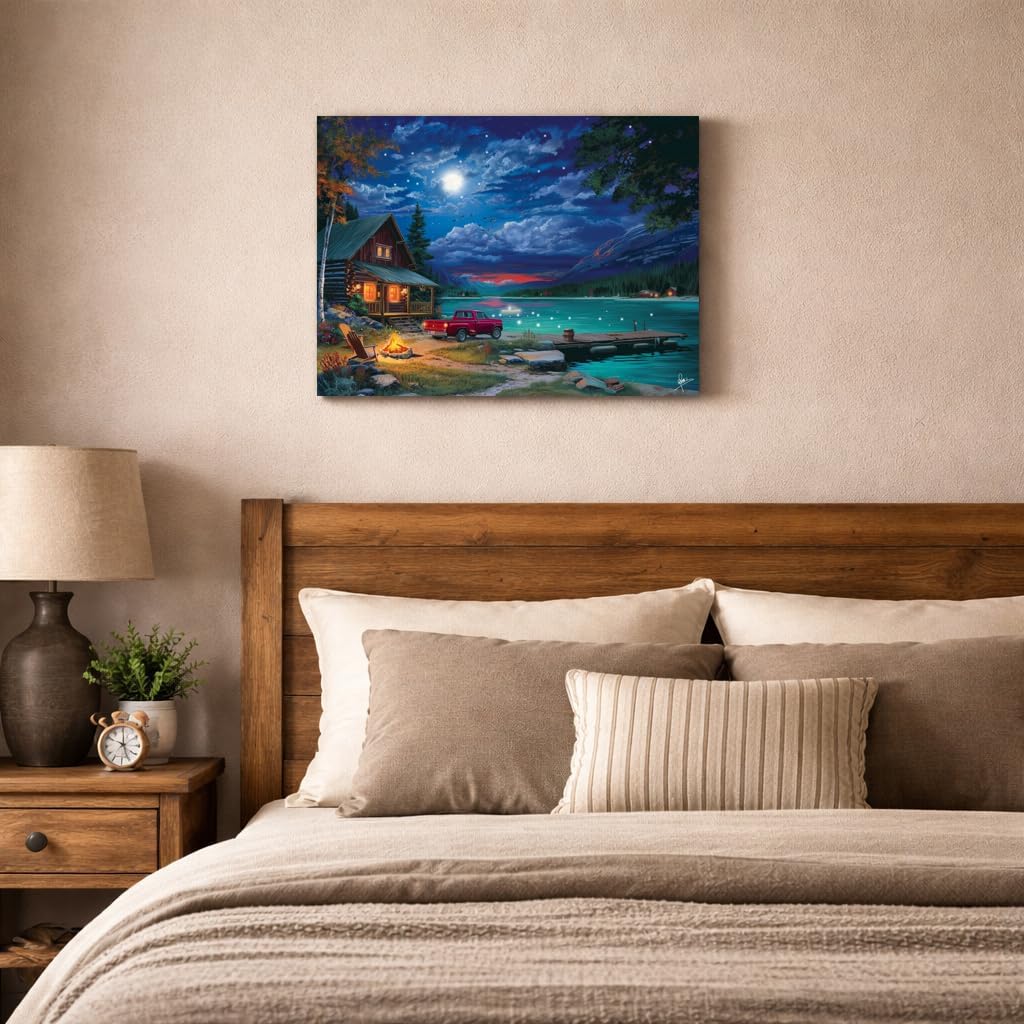 Artiluxy LED Canvas Wall Art, Cabin Lake House Wall Decor with Built-In LED,Battery Operated & Auto Timer, 24×18in Rustic Night Scene