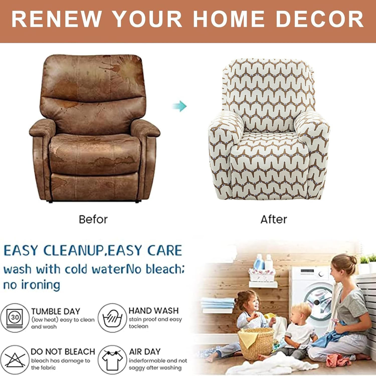 Eco-Ancheng Recliner Slipcovers 4-Pieces Recliner Chair Covers Lazy Boy Chair Covers Stretch Recliner Couch Covers Fitted Non Slip Reclining Slipcovers Furniture Protector for Recliner with Pocket,t19