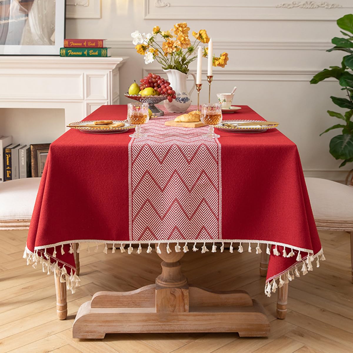 Mantel de algodón y lino con flecos para cocina, comedor y mesa de café, lavable a máquina, rojo, 140 x 260 cm