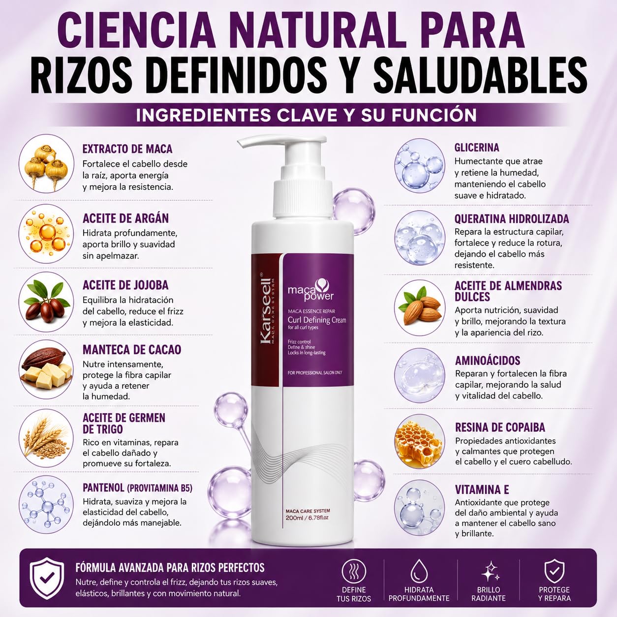 Karseell MACA CARE SYSTEM Crema Definidora de Rizos con Aceite de Argán Colágeno Coco Jojoba Hidratante Nutritiva Reparadora Antiencrespado Antifrizz Cabello Rizado Seco Dañado Brillo Suavidad 200ml