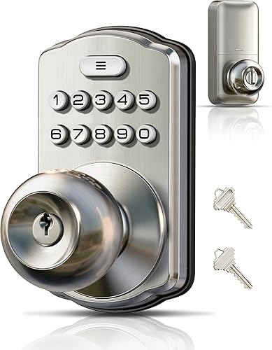 Veise Cerradura de perilla de puerta con teclado, cerradura digital de entrada sin llave con asa, perilla electrónica para puerta delantera y