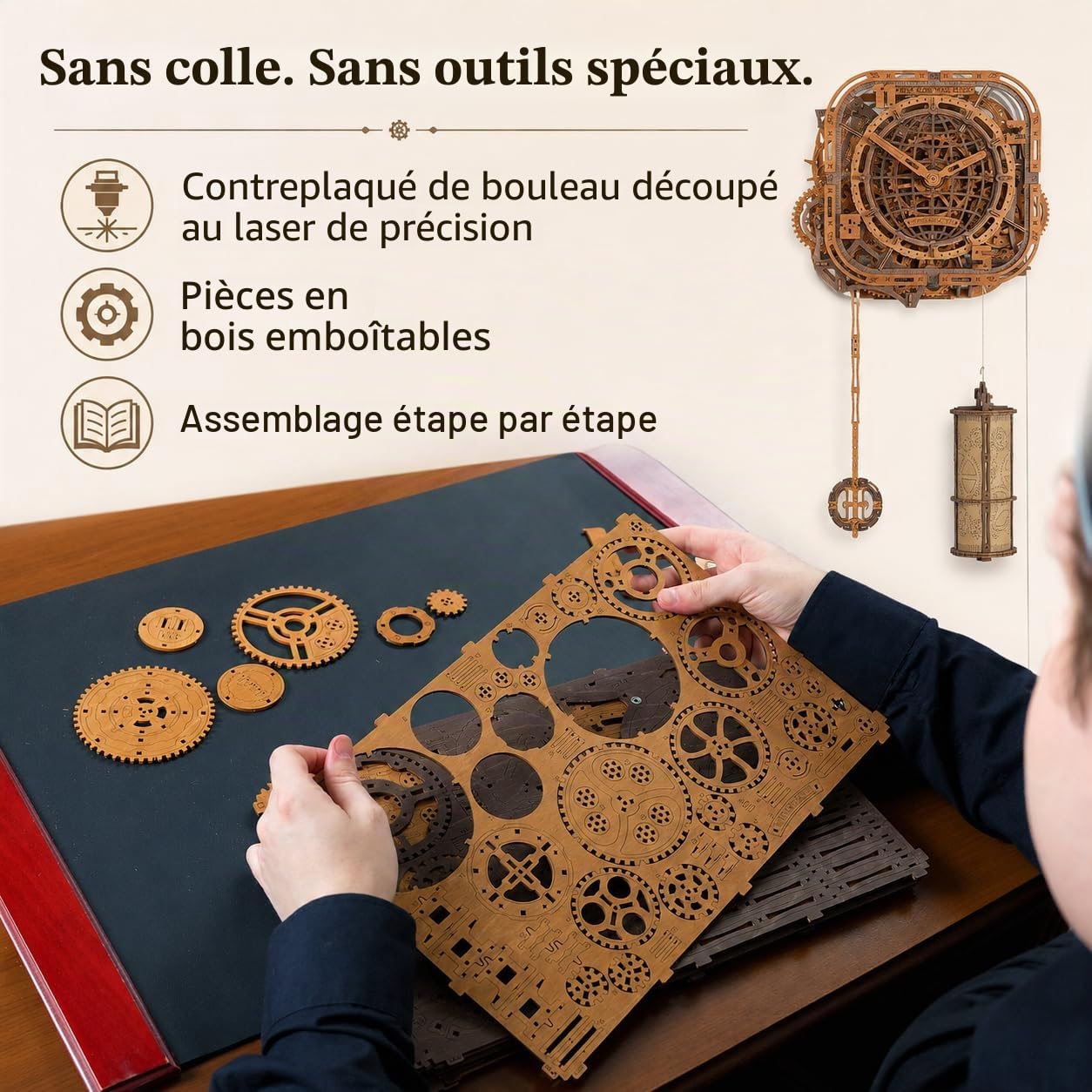WOODEN.CITY Puzzle en bois 3D – Horloge murale en forme de globe | Kit de construction en bois pour adultes | 369 pièces | Horloge mécanique puzzle 3D | Pas de colle nécessaire | Fabriqué dans l'UE