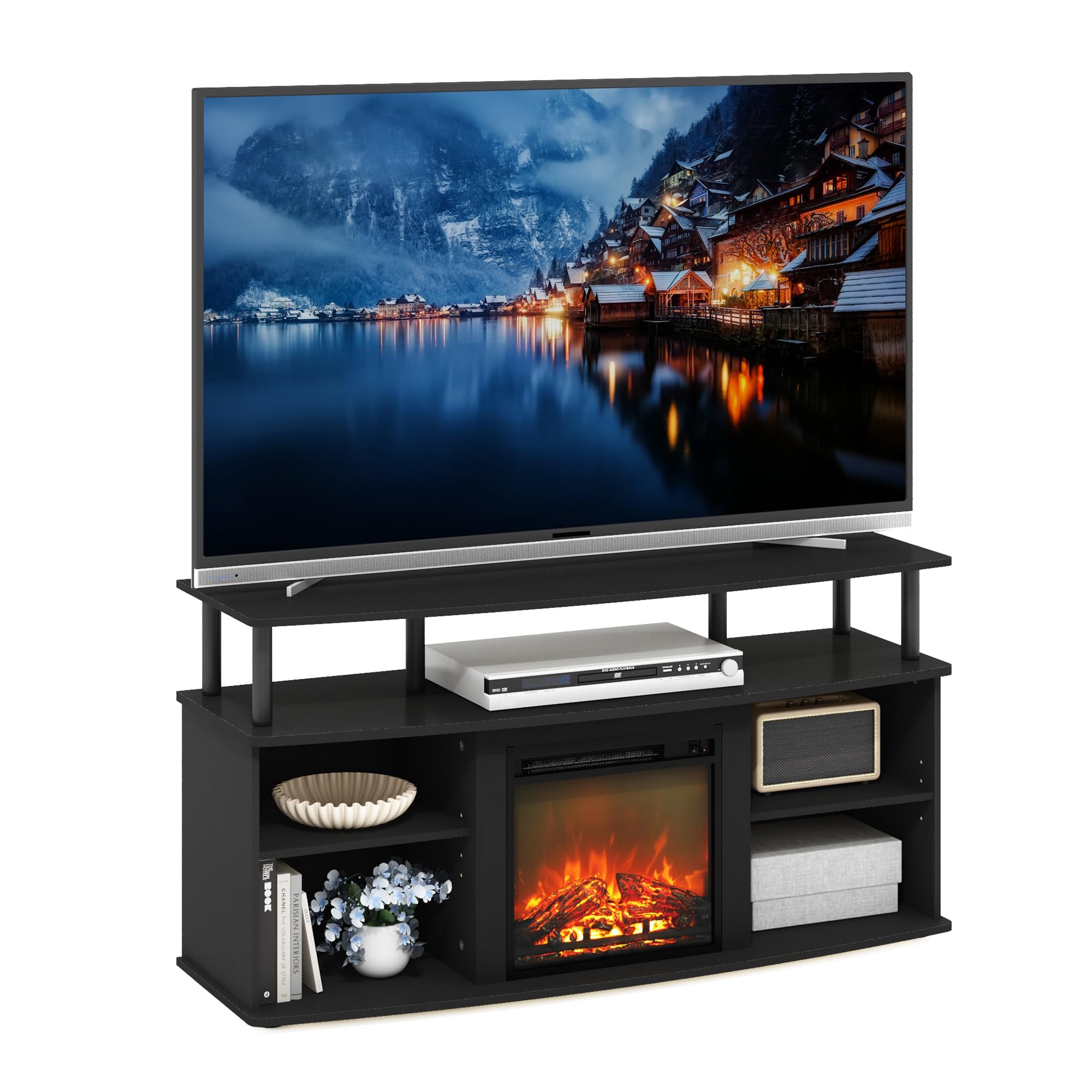 Furinno Jensen Fireplace TV Stand, Entertainment Center, TV Console for TV up to 55 Inch with Fireplace and Open Shelving Storage, for Living Room, Bedroom, Americano