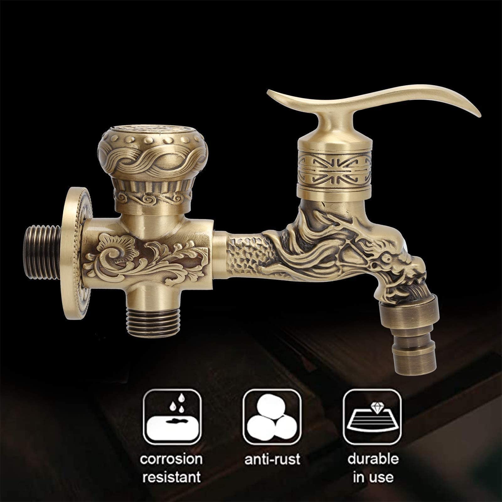 Rubinetto Giardino Doppia Uscita, Antico Maniglia a Leva in Ottone Lavanderia G1/2 Doppio Bagno Lavatrice Rubinetto Acqua Fredda montato a parete per Giardino Esterno (B)