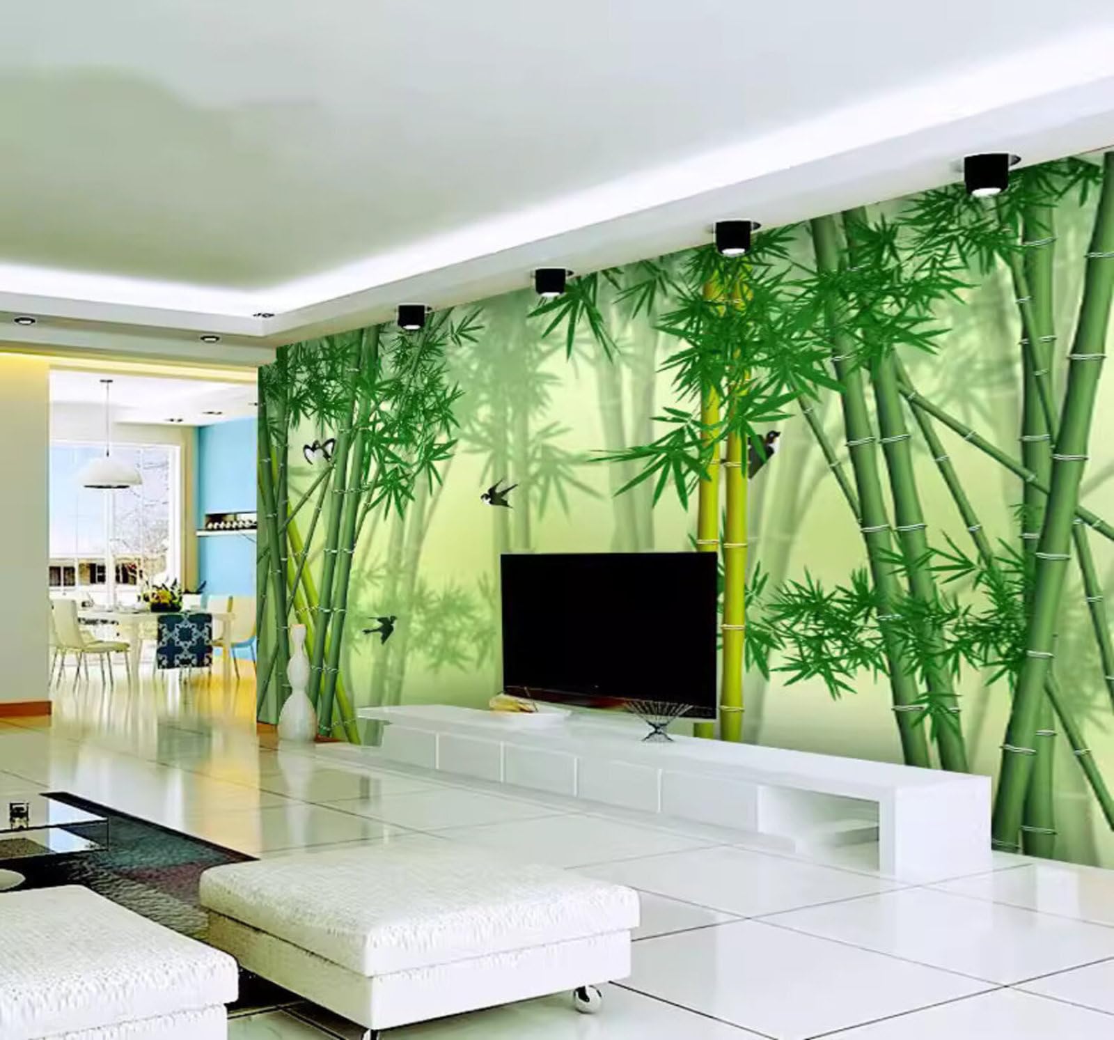 Wallpaper-3D-Xlm 350Cm×256Cm(B×H) Fresh Pastoral Landscape Bamboo Grove Birds In Flight 3D Wallpaper Easy Install Feature Office Living Room Sofa Bedroom Tv Background Wall Decoration-350Cm×256Cm