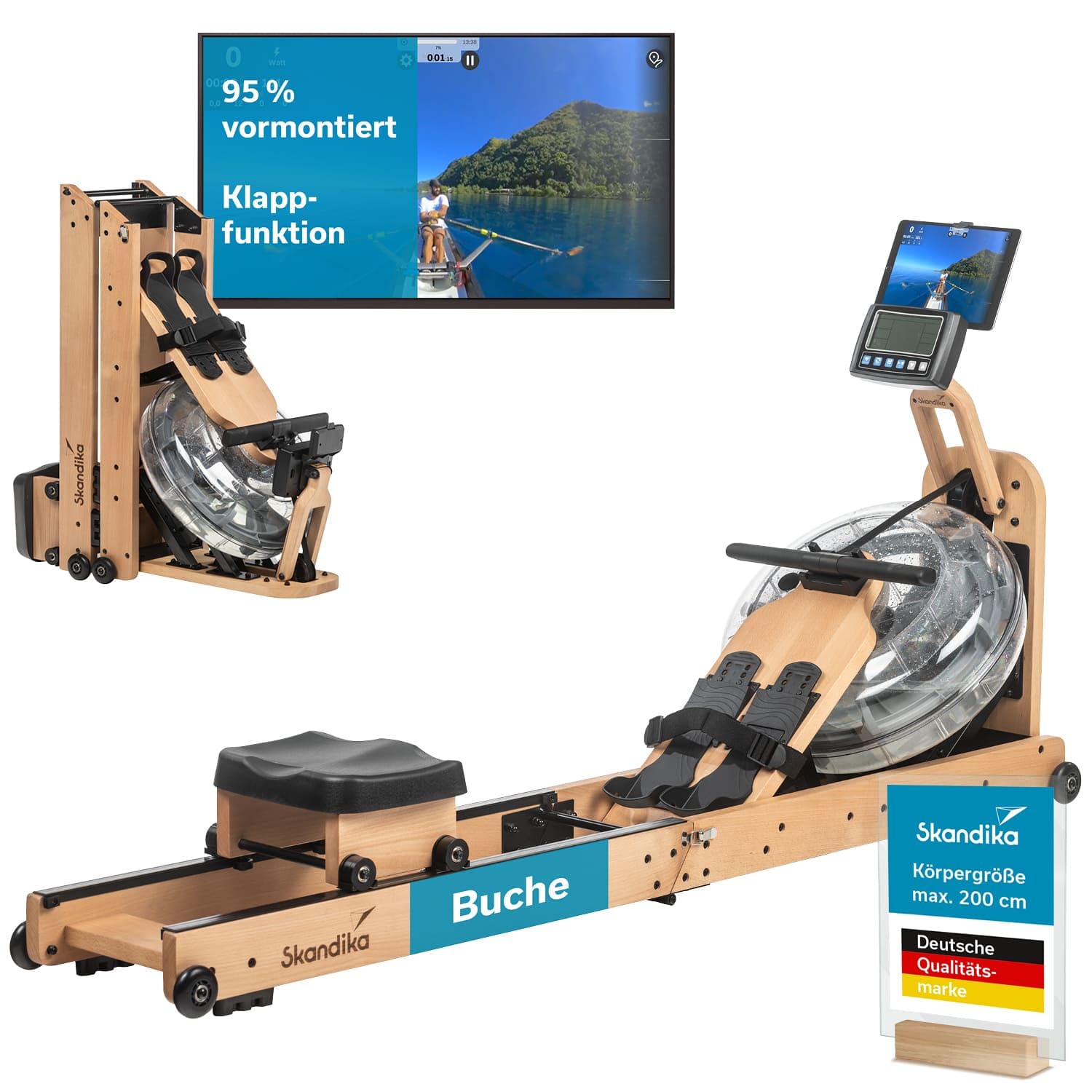Skandika Nytta Wasserrudergerät – Holzrudergerät für Zuhause, 45° Wassertank, Kinomap-Kompatibilität