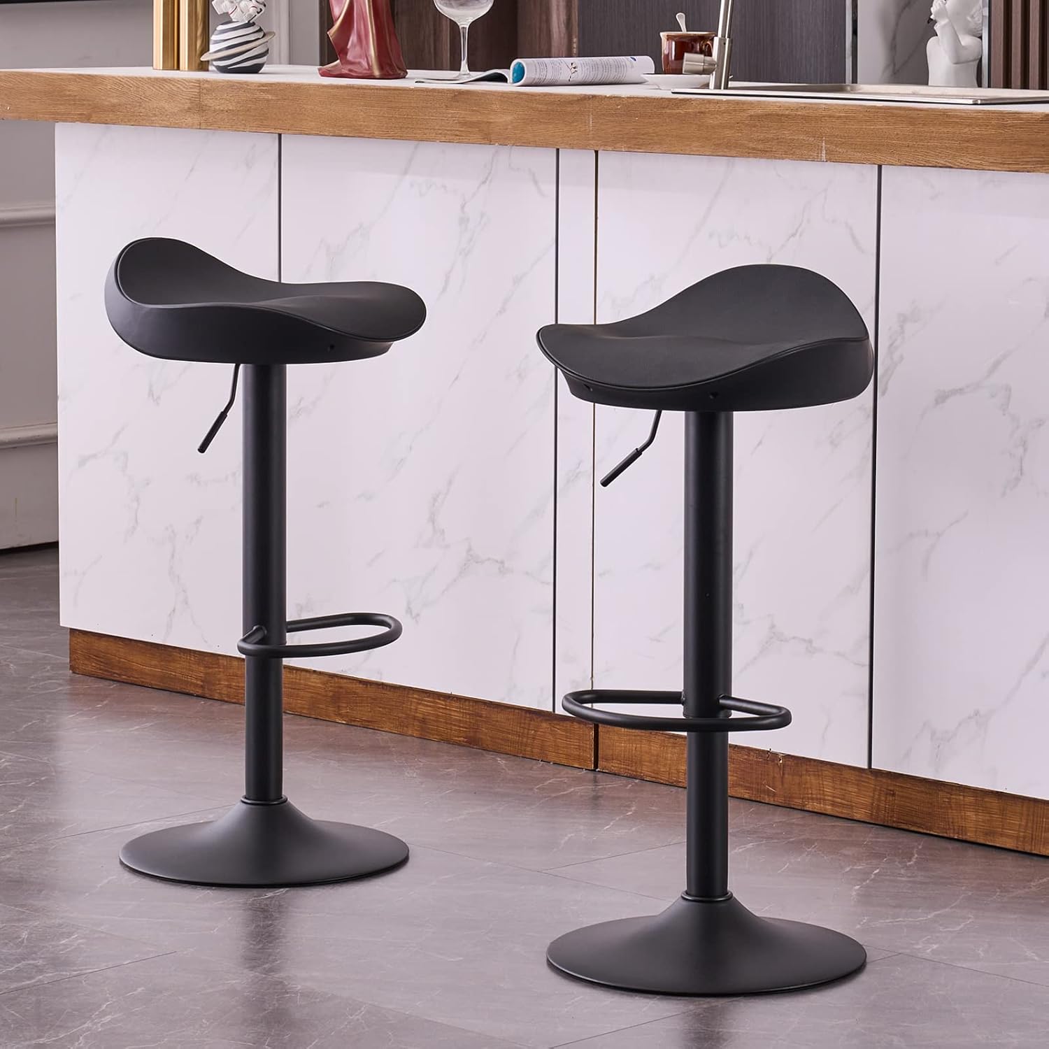 YOUTASTE Set of 2 Modern Black Kitchen Bar Stools, Adjustable Height and 360 Degree Swivel, ABS