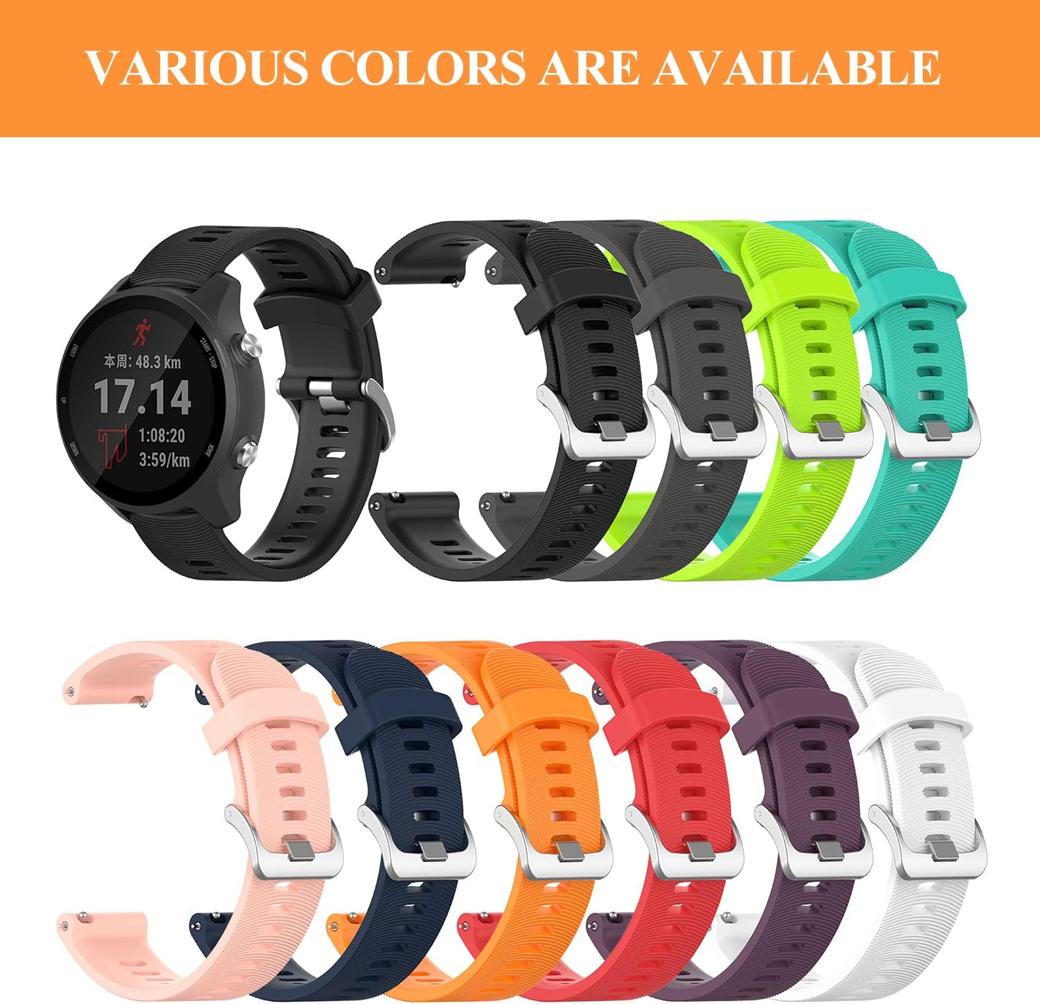 Compatible with Garmin Forerunner 245/645/55 Watch Band, 20mm Soft Silicone for Galaxy Watch 6/5/4, for Garmin Venu/Venu Sq/Vivomove HR/Vivoactive 3/245 Music /645 Music Smartwatch.