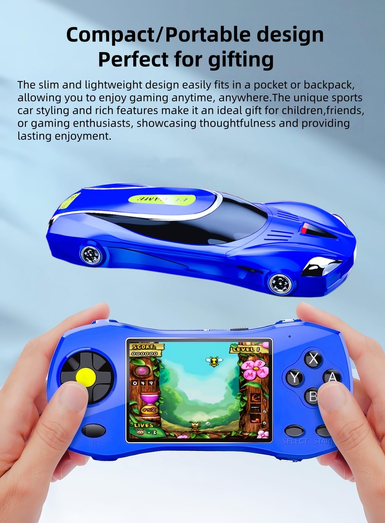 JXD 3.0" HD Console de Jeu Vidéo Portable pour Enfants Design Voiture de Sport 250 Jeux 64 Bits Préinstallés Connectable à la Télévision Jeux de Réflexion Enfants Jouet Puzzle