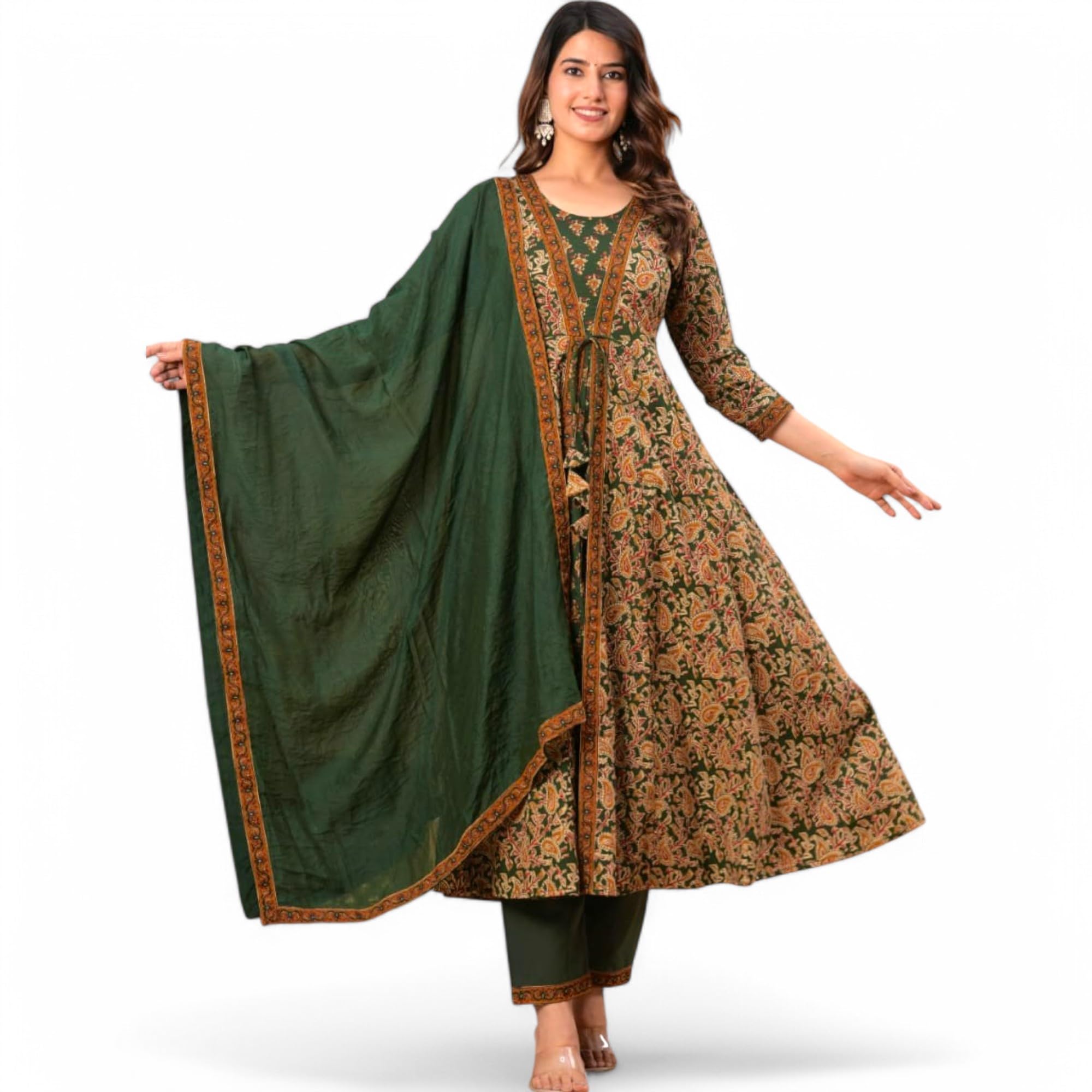 RangMahal Damen Anarkali Zweilagiger Stil Kurti mit Hose & Dupatta Set