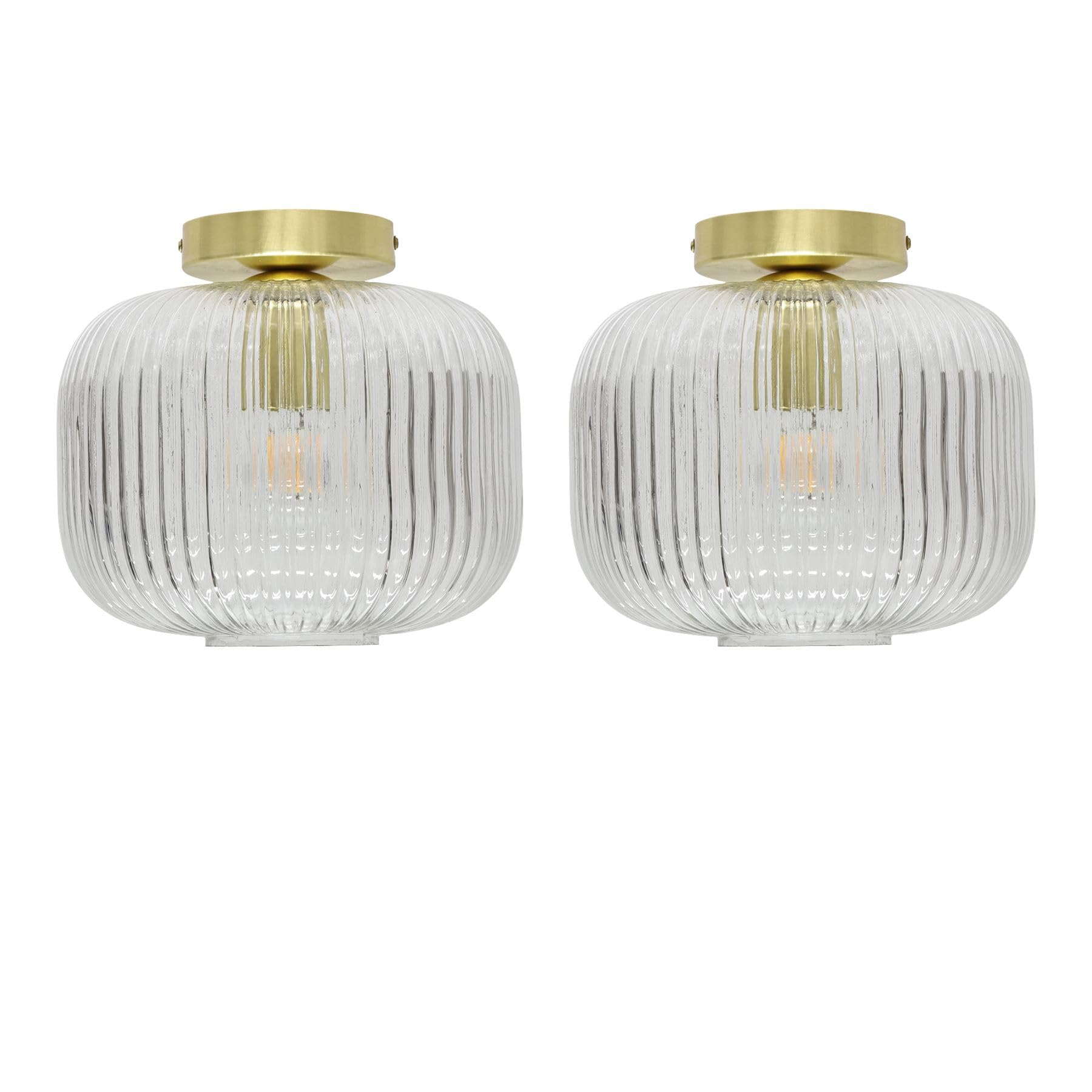 Firstchoicelighting Satin Brass & Clear Set Of 2 Clear Ribbed Glass Ceiling Light Flush Fittings With Satin Brass Detail, Modern Low Ceiling Lighting