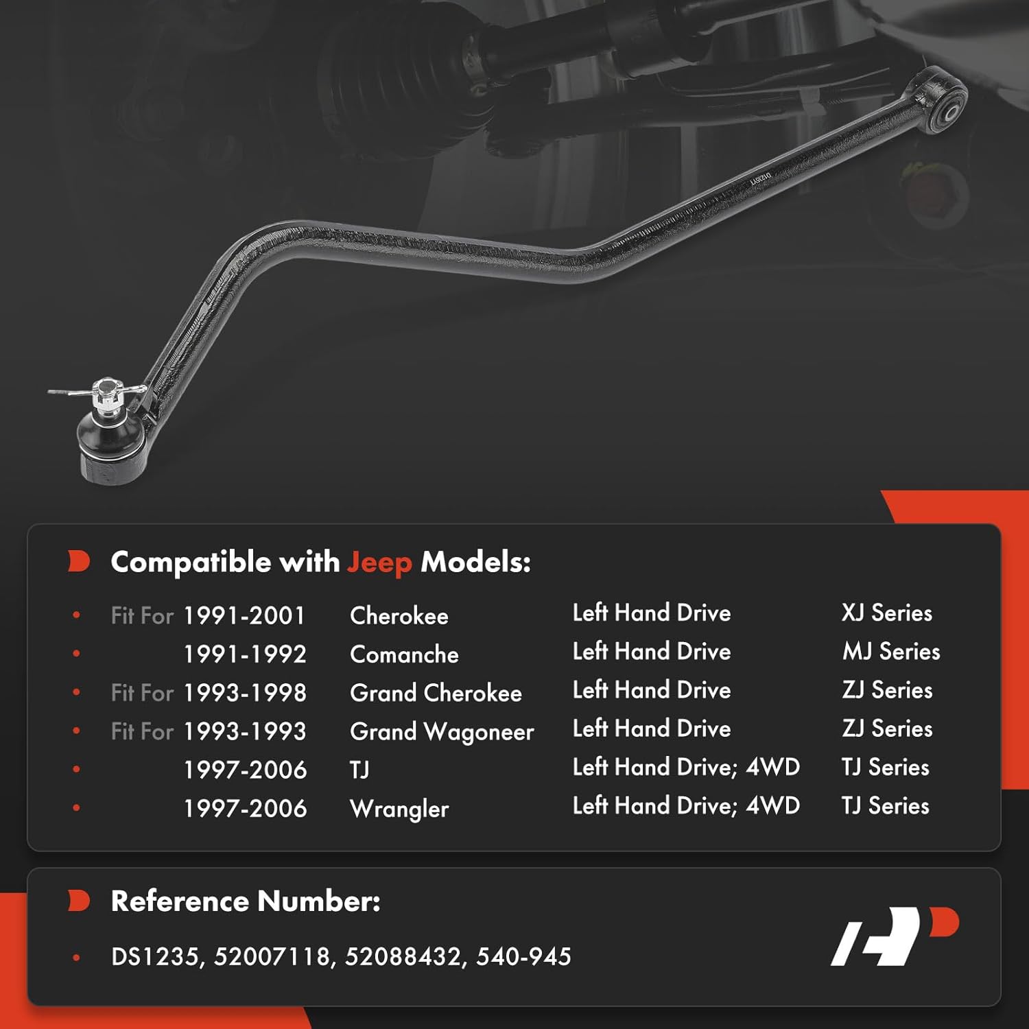 A-Premium Front Steering Track Bar, Compatible with Jeep Grand Cherokee 1993-1998, Grand Wagoneer 1993, Wrangler 1997-2006, Cherokee 1991-2001, Comanche 1991-1992, TJ 1997-2006, with Left Hand Drive