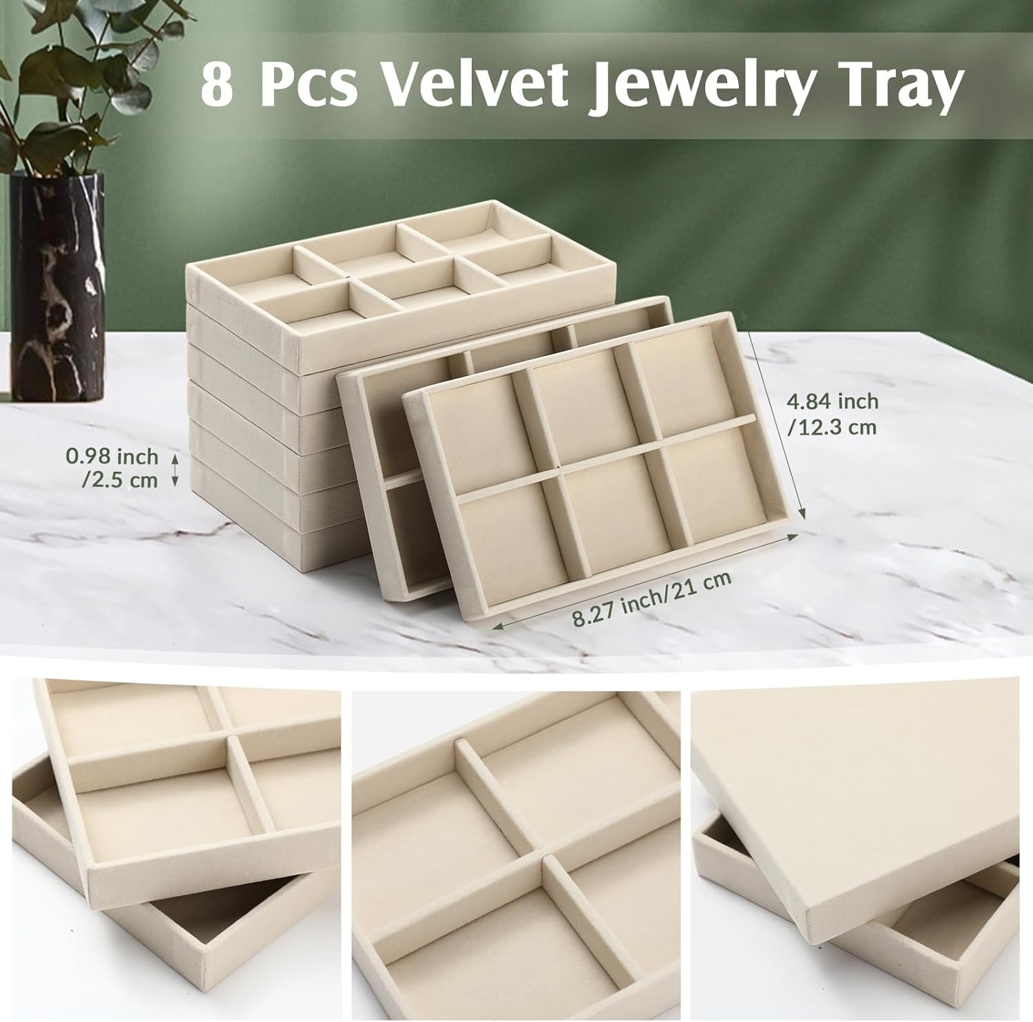Highergo 8 Pcs Velvet Jewelry Trays Stackable Drawers Organizer Ring Earring Bracelet Necklace Storage Trays, 8.3x4.7x1''(6 Grids)