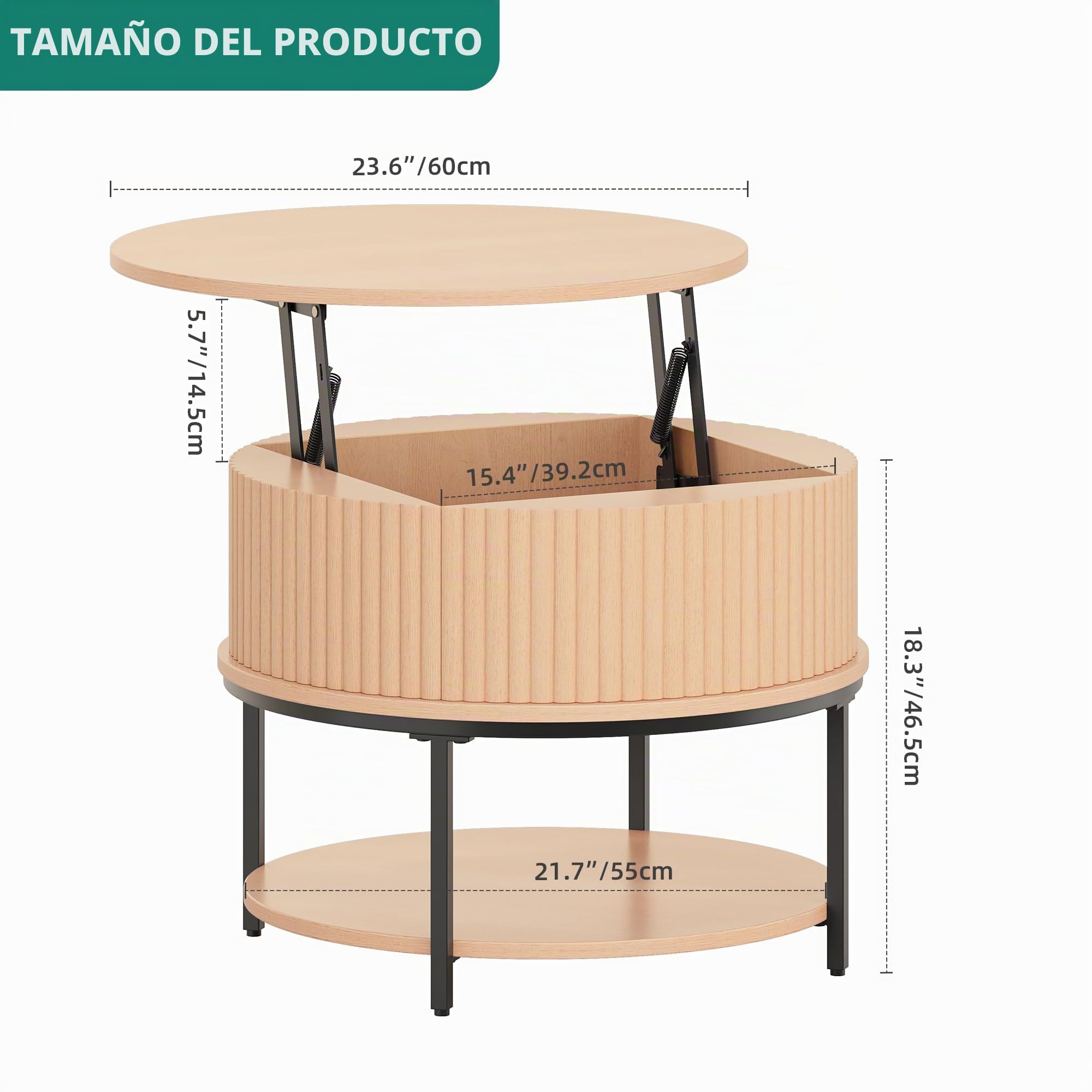 YITAHOME Mesa de Centro Elevable, Mesa Centro Redonda con Espacio de Almacenamiento de Dos Niveles, Mesa de Café Acanalada con Diseño Acanalado y Almacenamiento Oculto para Salón, Color Roble