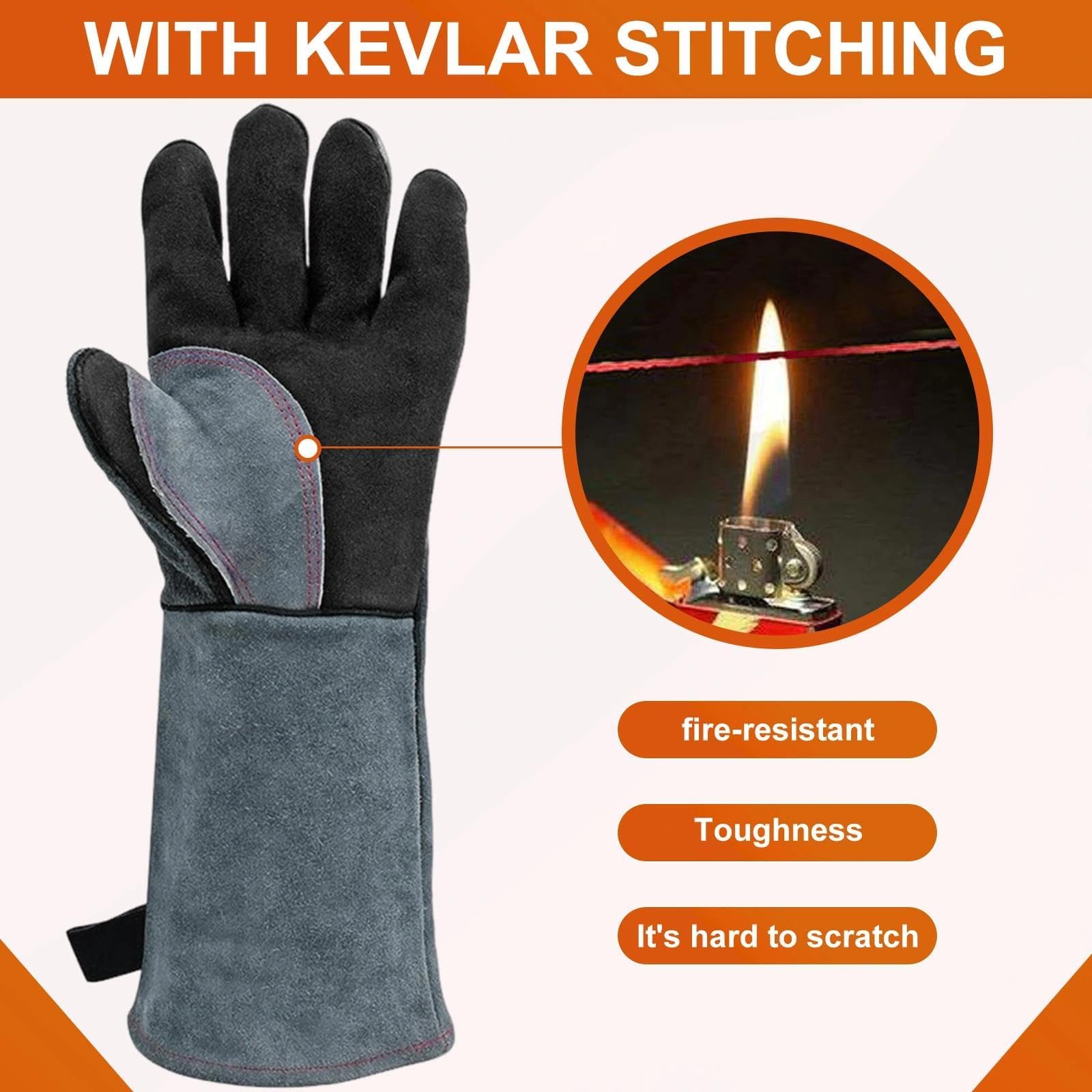 Guantes Soldador de Cuero Guantes de Soldadura Ignifugos guantes para Horno, Parrilla, Barbacoa, Jardineria, Trabajo, Forge, chimenea, manipulación de animales guante (Gris-Negro,40cm/16)