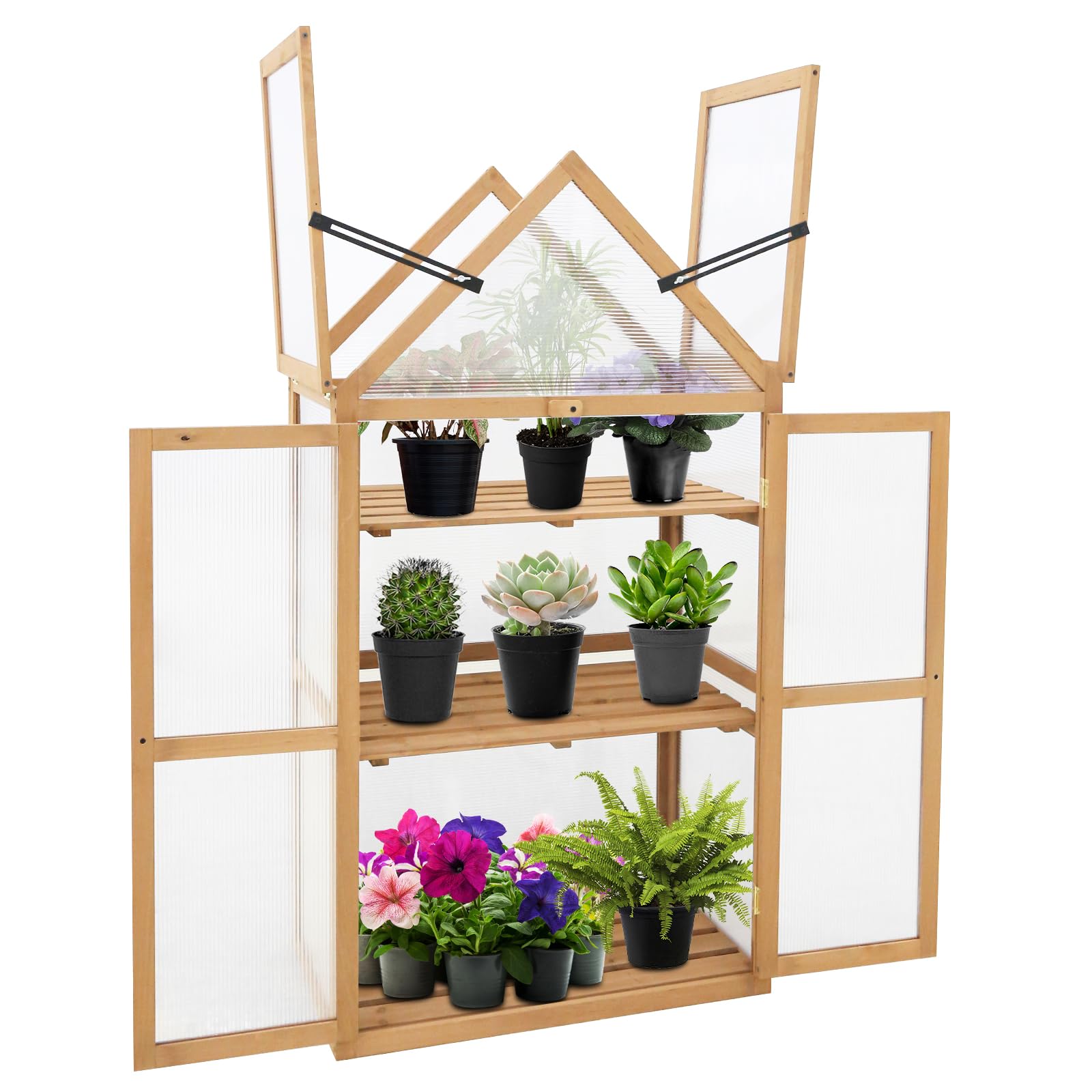 EAGLE PEAK Garden Wood Cold Frame Greenhouse with Adjustable Shelves 27.0''x16.1''x52.0'', Indoor & Outdoor Wooden Raised Flower Planter Shelf with Transparent Flip-Top Roof, Natural