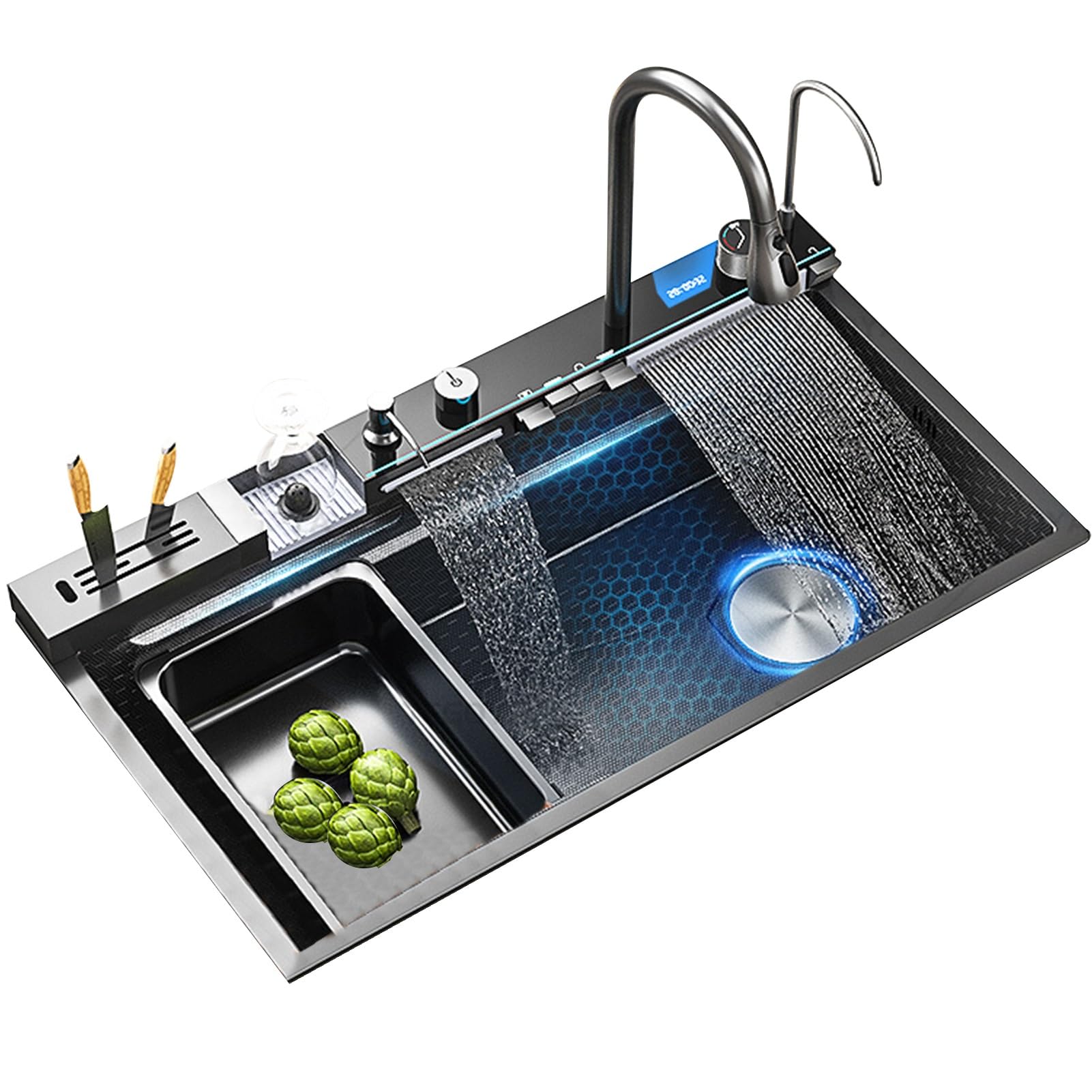 WIQUYBML Stainless Steel Waterfall Sink 88 * 48cm/34.6 18.8" Large Kitchen with Knife Holder Box Digital Display Multifunctional