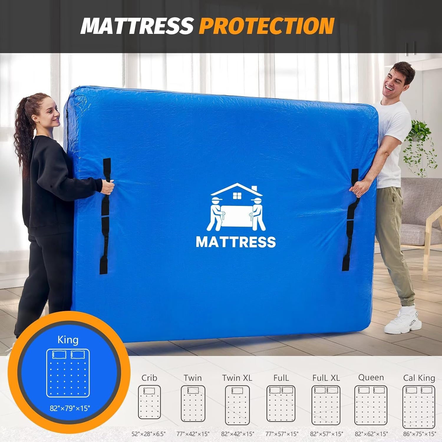 Mattress Bags for Moving, BETU Mattress Protector Waterproof Mattress Cover King Size Storage Bags with 8 Heavy-Duty Handles and Zipper for Bed Extra Thick Large Reusable (82"x79"x15" Blue)