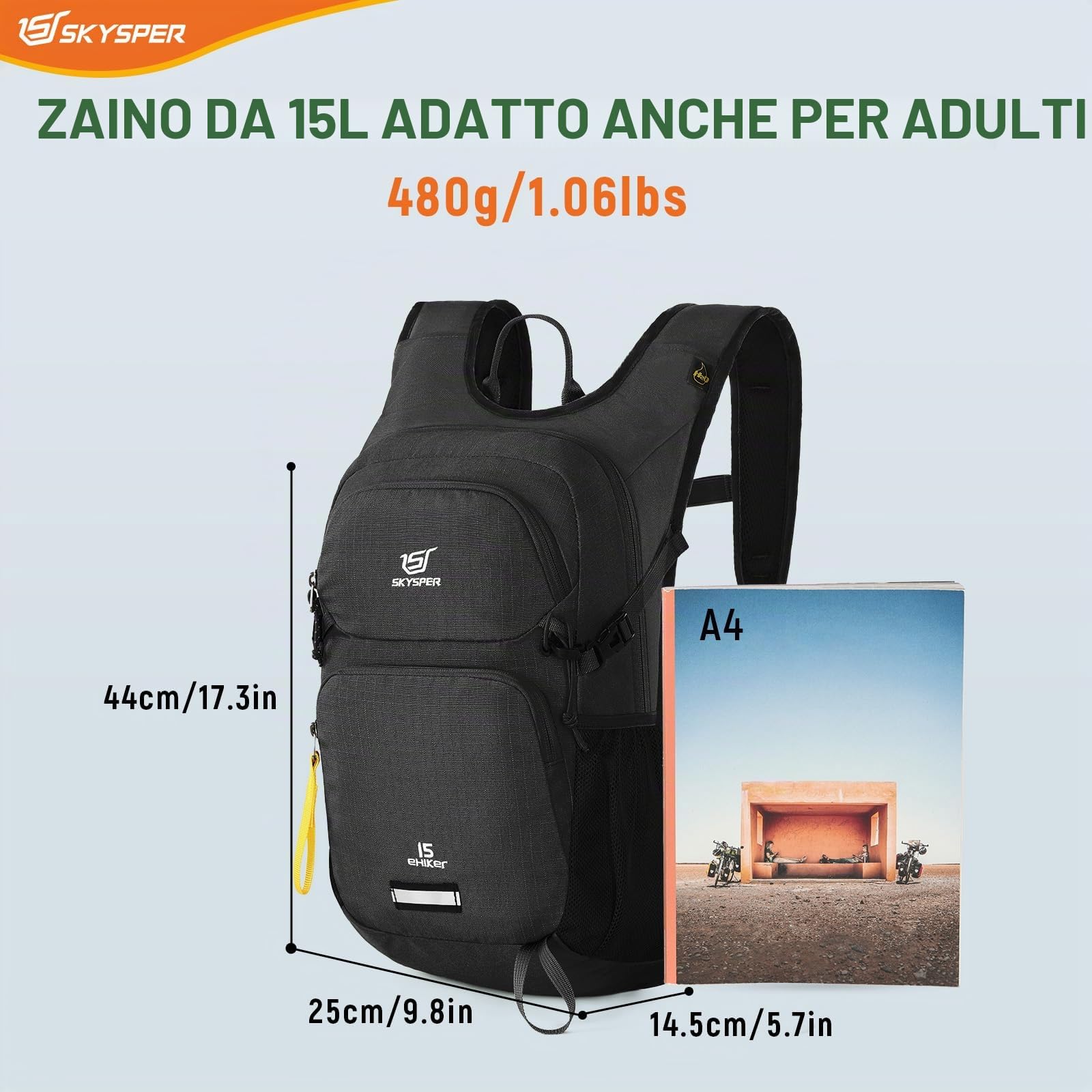 SKYSPER Zaino da Escursione 15L Zaino Sportivo | Materiale Amico dell'ambiente Zaino per Viaggio Escursioni Hiking Avventure