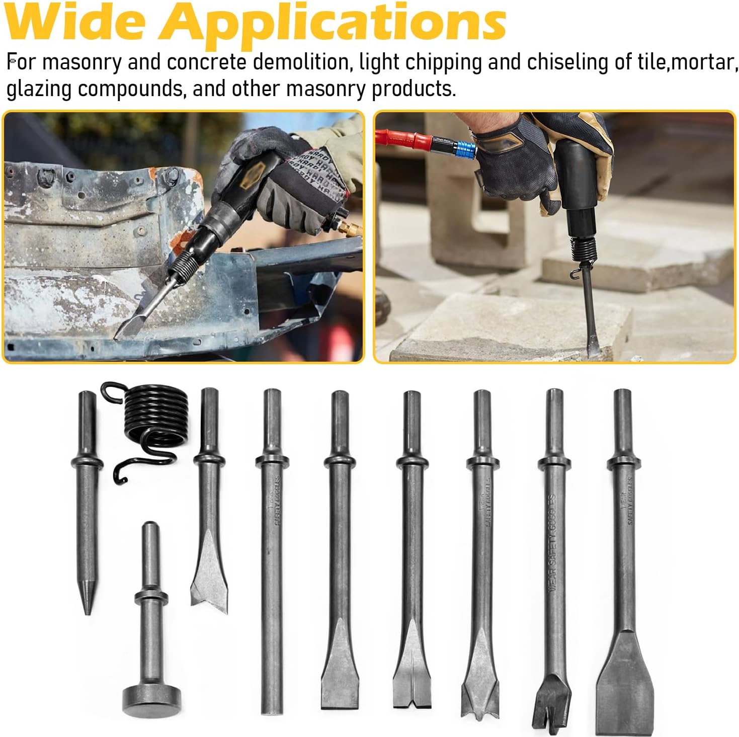10Pcs Air Hammer Bits Set, Pneumatic Chisel Tools with Spring, Air Hammer Punch Chipping Bits for Tile Masonry Concrete Stone Demolition