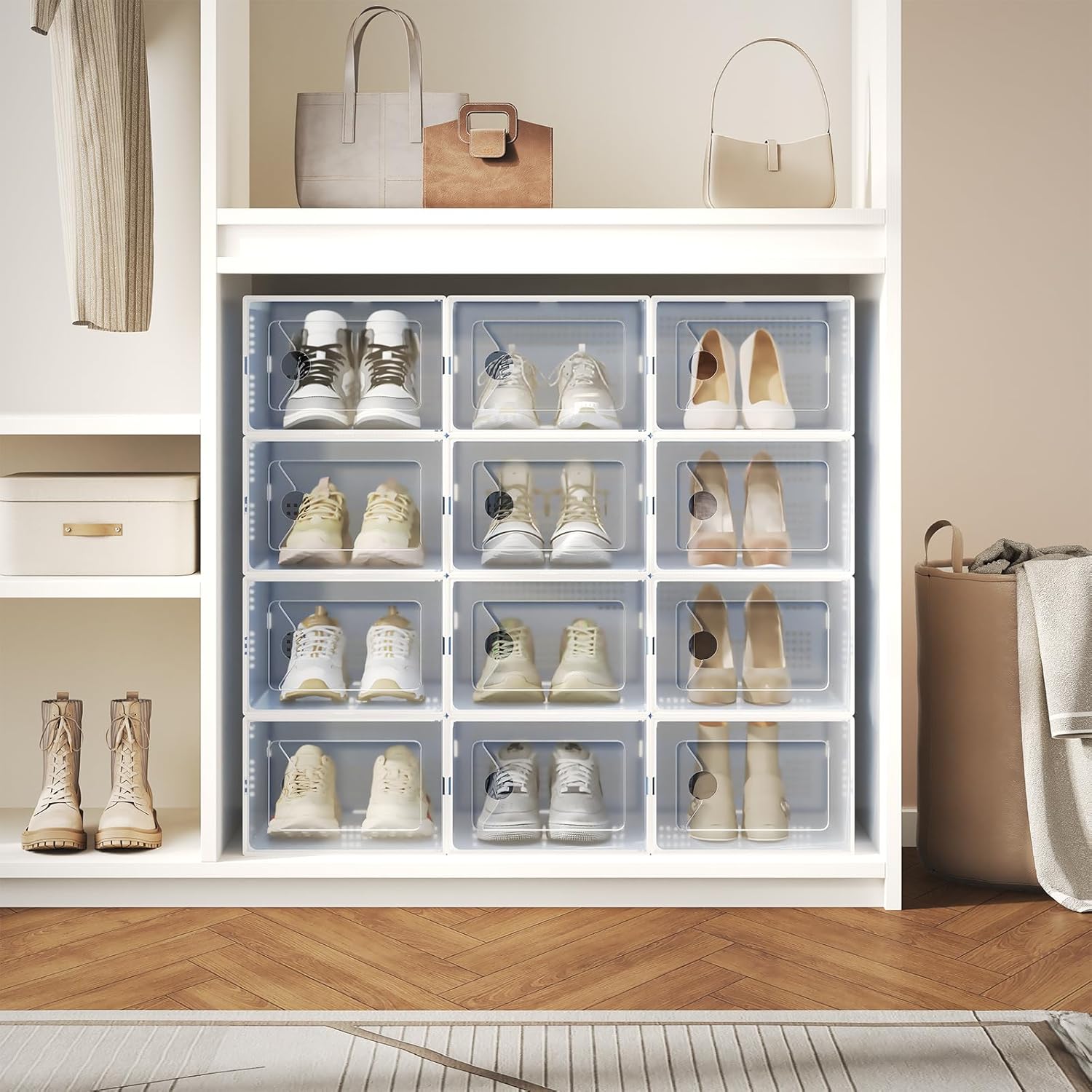 DUMOS Shoe Storage Boxes, 12-Pack Stackable Clear Shoe Containers with Lids, Display Sneaker Case Organizer for Closet, Under Bed, Entryway,White (Fit Size 9) White 12 PCS & Fit Size 9