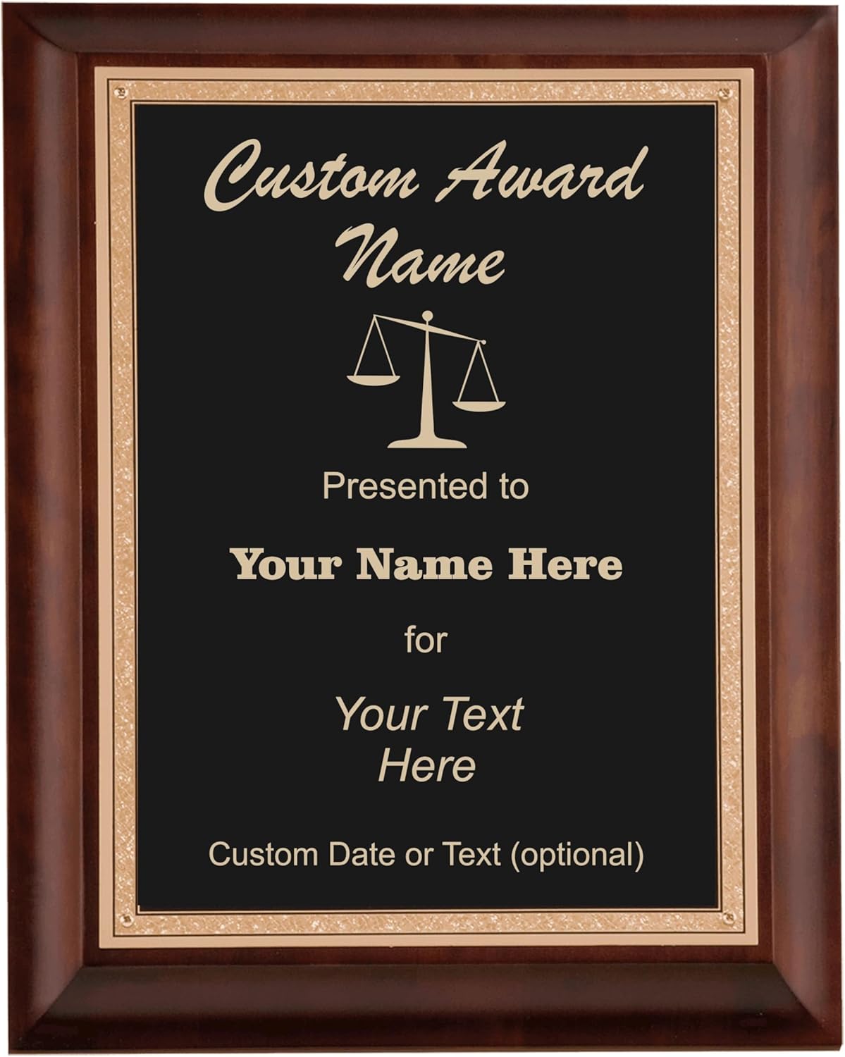Custom Plaque Award for Lawyer Attorney with Scales of Justice Personalized Text 8x10 Cherry Wood and Brass Plate