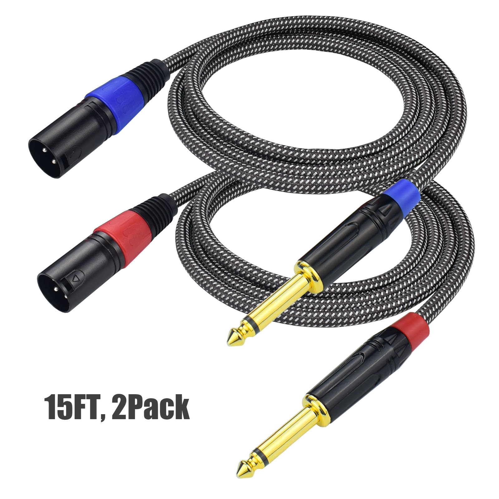 Cable de micrófono TS mono a XLR macho desequilibrado de 1/4 pulgadas, cable de conexión de audio XLR de 15 pies de 6.35 mm, trenzado de nailon resistente, blindado de cobre sin ruido, para