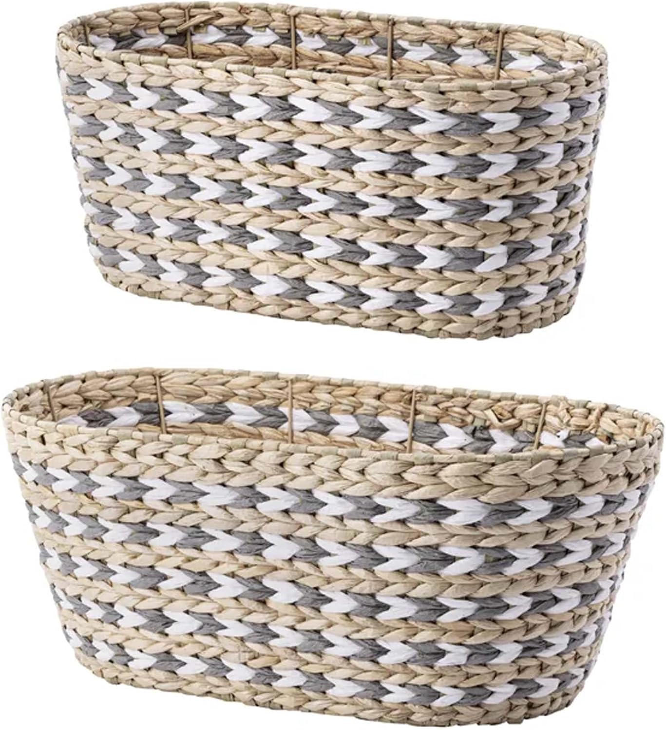 Napco Imports Double Bloomer Design 7.25 x 9.75 x 18 Inch Grey Tan and White Sea Grass Cache Planter Pot Cover with Hard Liner; Set of 2