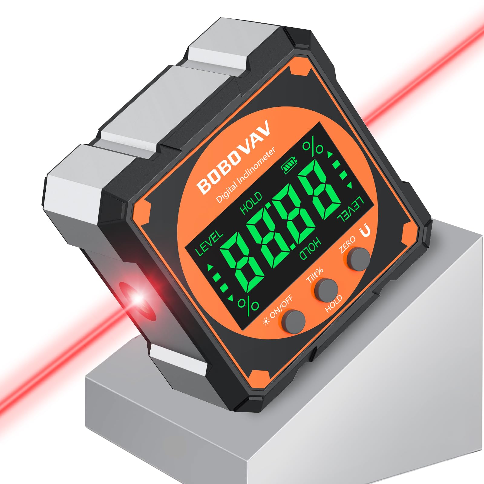 BOBOVAV 4-Side Magnetic Digital Angle Gauge with Laser, 4 * 90° Rechargeable Electronic Inclinometer Protractor Level Gauge for Woodworking Tablesaw