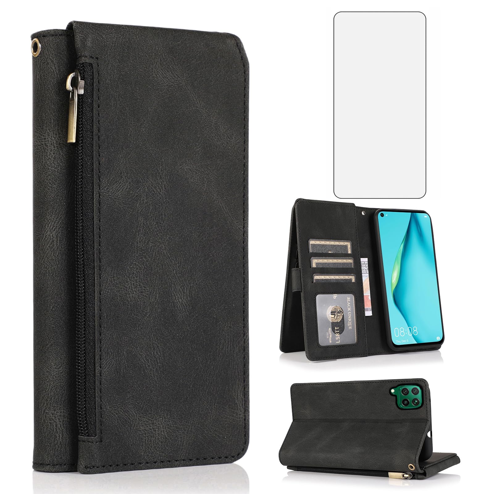 Asuwish Handyhülle für Huawei P40 Lite 4G Hülle und Folie Schutzfolie Kartenfach Klappbar Leder Geldbörse Ständer Hawaii P 40 P40Lite JNY-LX1 Handy Hüllen Schutzhülle Phone Handyhüllen Case Schwarz