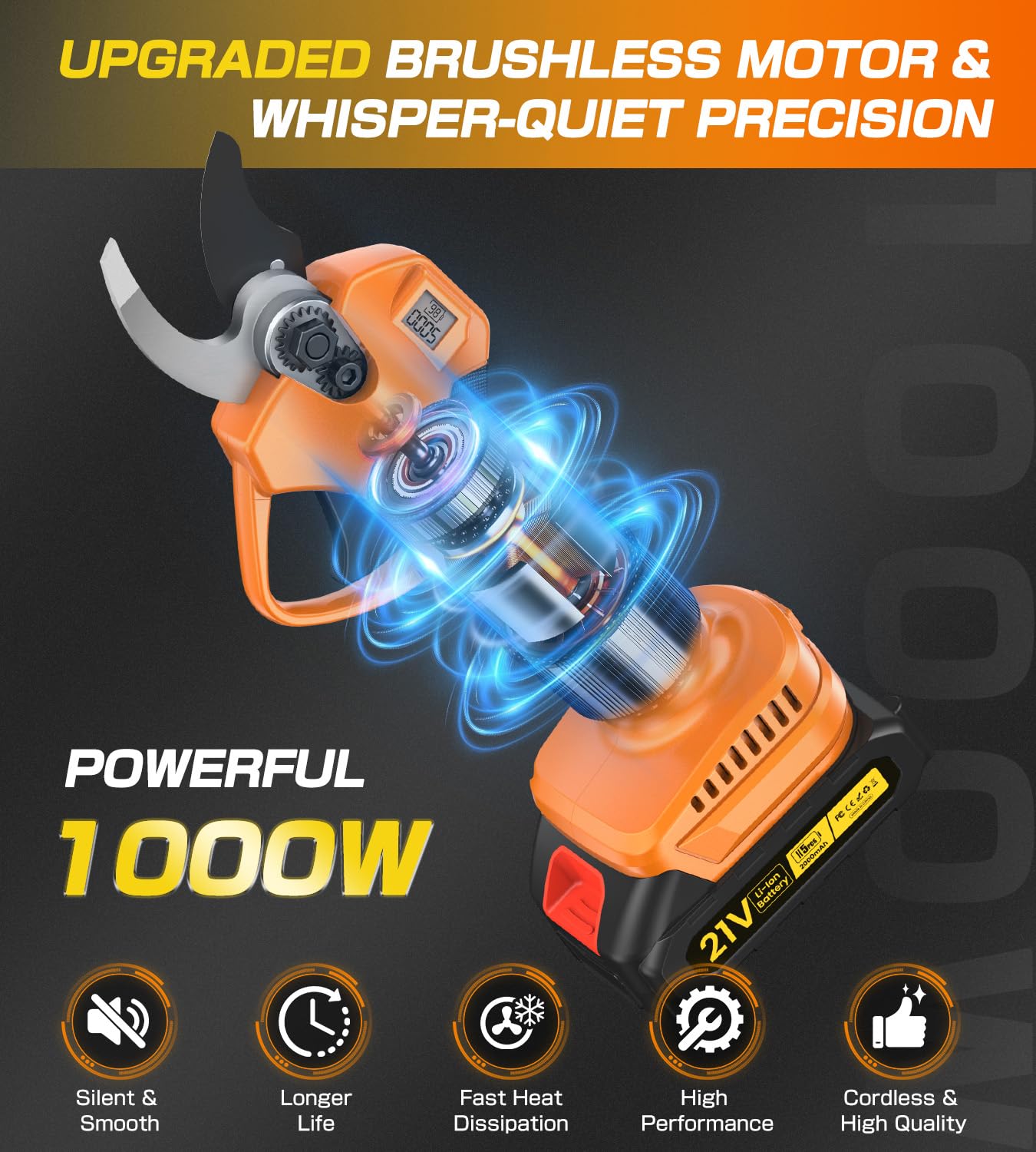 Forbici Potatura a Batteria, 1000W 35mm Forbice Potatura a Batteria e SK-7 Lama, 2 Batteria da 2000 mAh 21V, Cesoie a Batteria per Potatura con Display per Giardinaggio, Frutteto, Olivo, Fattoria