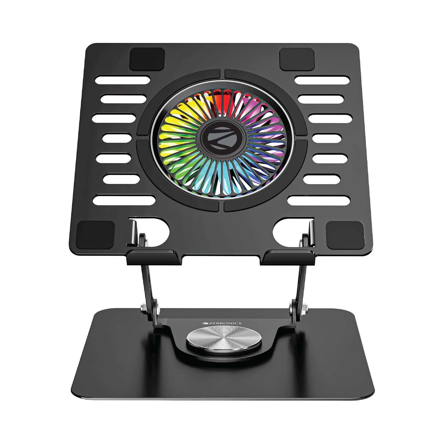ZEBRONICS NS4000 PRO 2, Rotatable Laptop Metal Stand, Upto 15.6 inch, 2X USB Ports, RGB Fan + Speed Controller, 360° Fidget Rotation, Foldable, Multi Angle Adjustment, Anti-Slip Silicone Pads ZEBRONICS NS4000 PRO 2, Rotatable Laptop Metal Stand, Upto 15.6 inch, 2X USB Ports, RGB Fan + Speed Controller, 360° Fidget Rotation, Foldable, Multi Angle Adjustment, Anti-Slip Silicone Pads