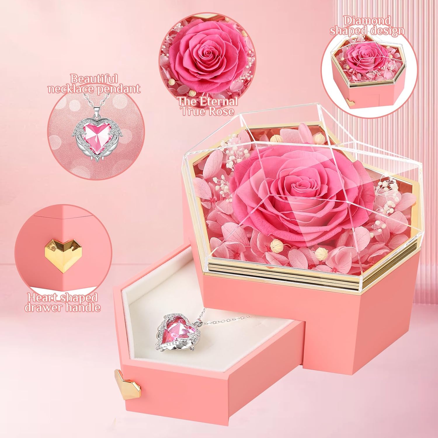 Preserved Pink Real Rose with Necklace Forever Flowers Diamond shaped Box for Mom Wife Girlfriend Grandma on Mothers Day Birthday Valentines Christmas Anniversary Beatiful Gifts for women - Image 2