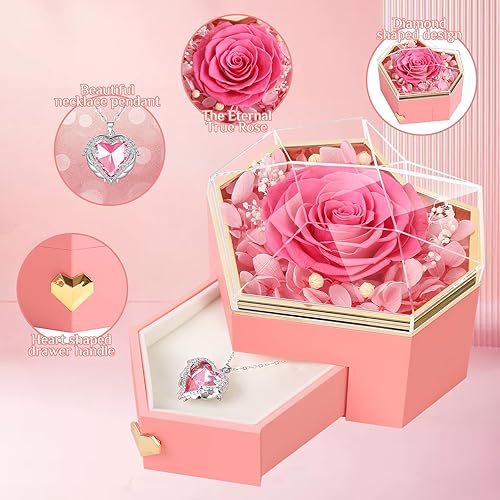 Miniatura 2 de Rosa Rosa Real Preservada Rosa con Collar para Siempre Flores en Caja Diamante para Mamá, Esposa, Novia, Abuela en el Día de la Madre, Cumpleaños
