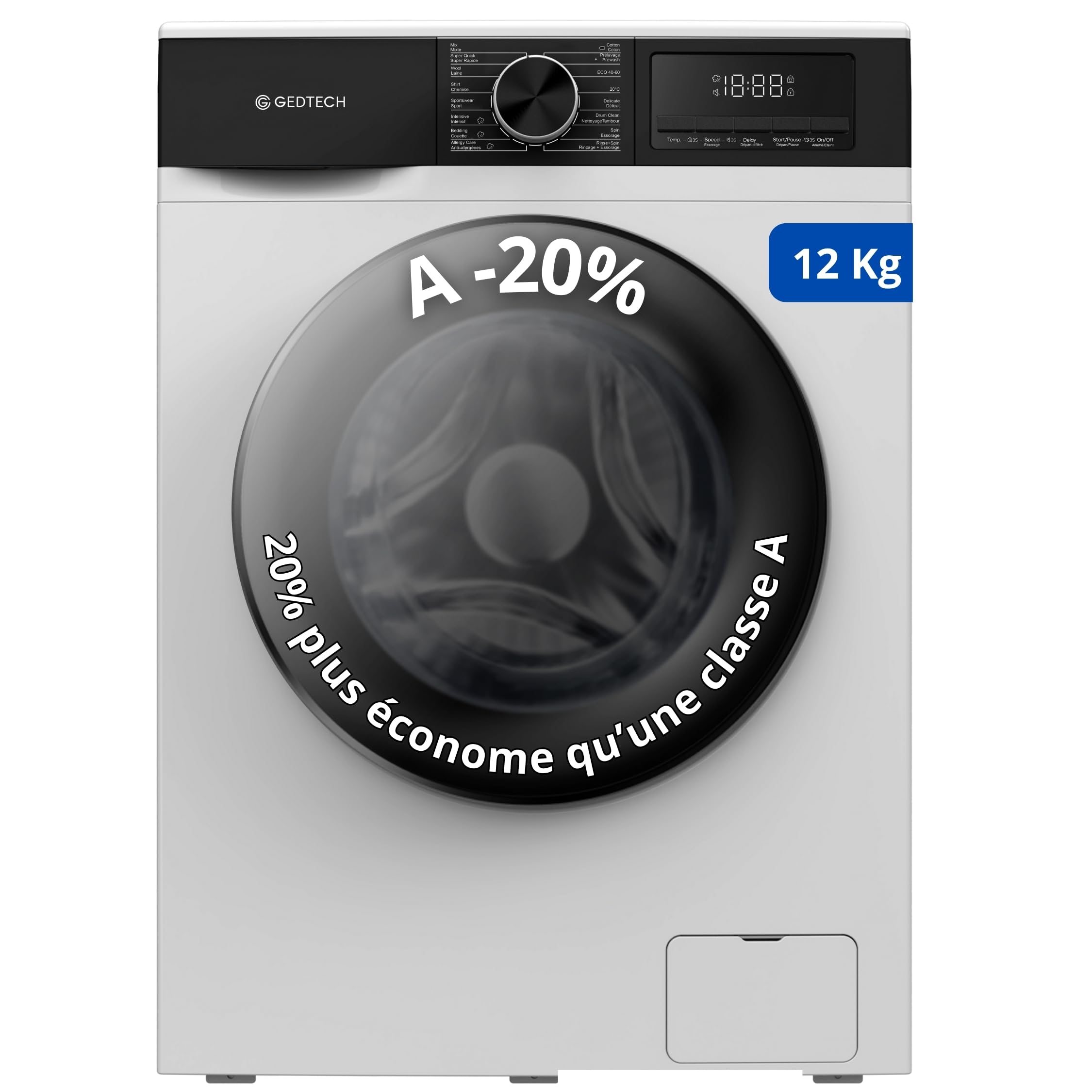 GEDTECH Lave-linge frontal GLL121400WH 12 Kg 1400 tr/mn 16 programmes Blanc