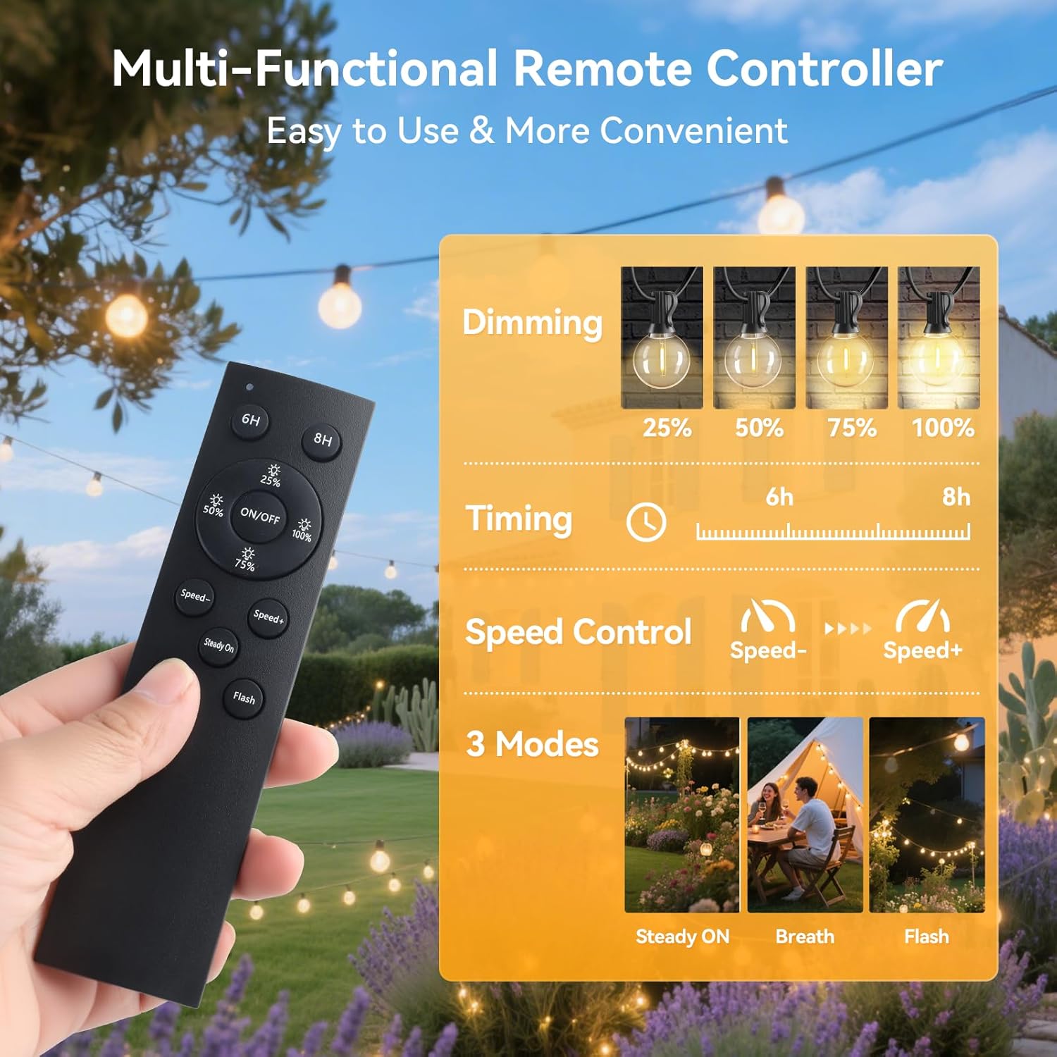 HJQ 60FT Solar String Lights Outdoor Waterproof, Patio Lights Solar Powered with Remote & USB Port, 20+1 LED Shatterproof Bulbs, 3 Light Modes, Dimmable Solar Hanging Lighting for Camping Yard Garden - Image 5