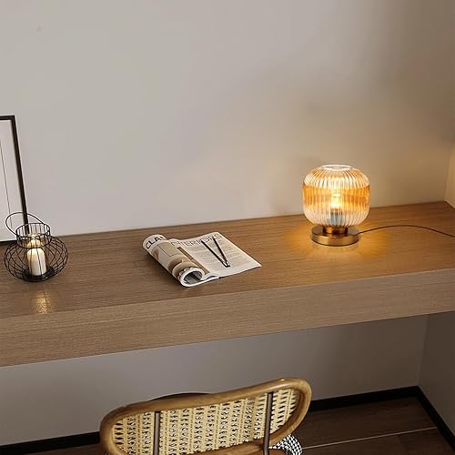 Miniatura 3 de Lámparas de Mesa Modernas Doradas Lámpara de Mesa con Pantalla de Vidrio Acanalado Ámbar Lámpara de Escritorio Lámpara de Mesita de Noche Lámpara de