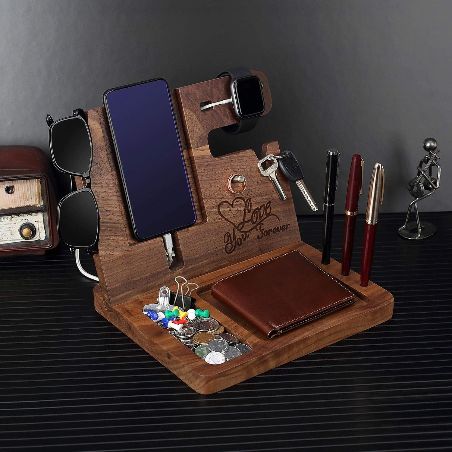Wood Phone Docking Station for Men Personalized - for Him Husband Boyfriend Birthday - Wooden Organizer Nightstand Organizer
