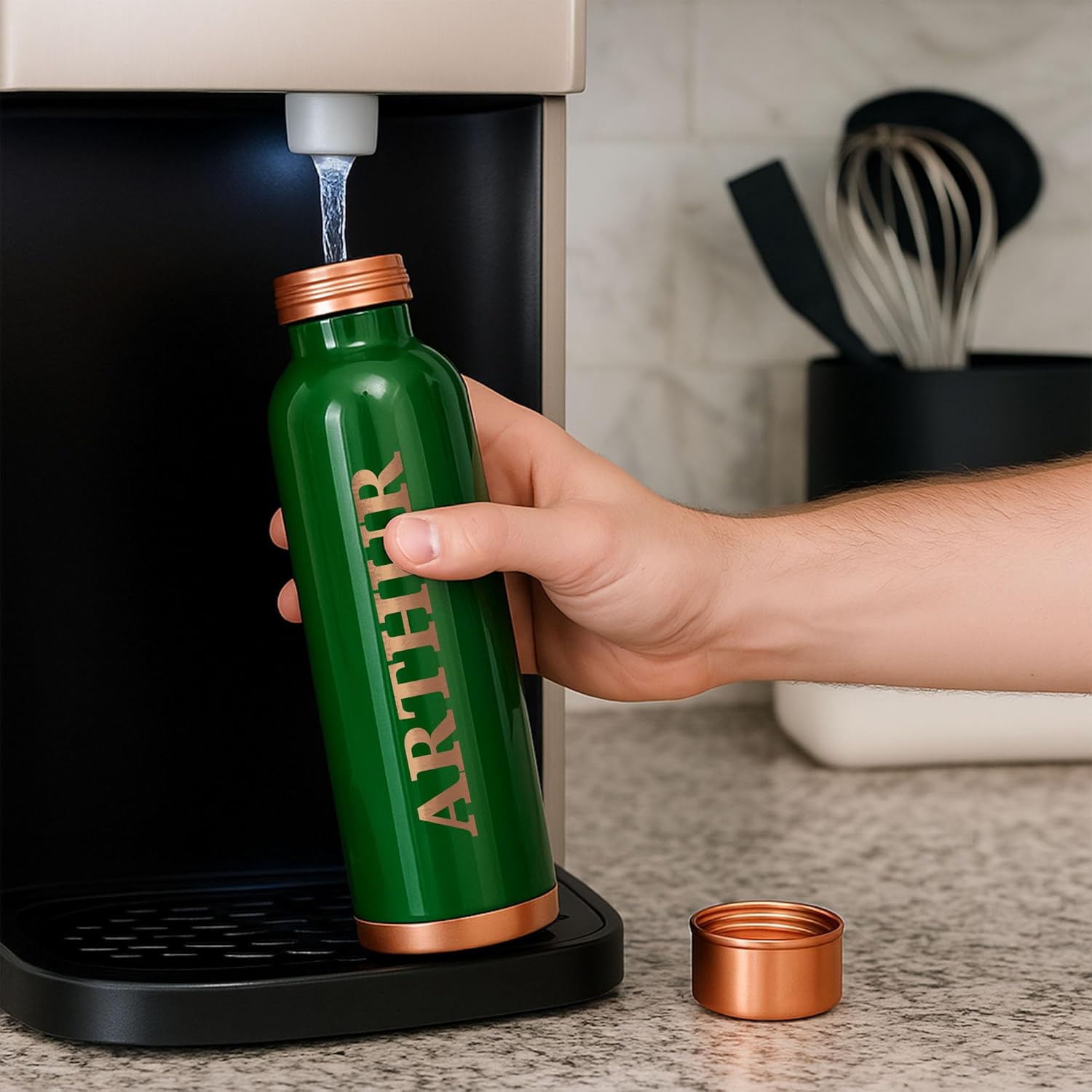 Custom Personalized Pure Copper Water Bottle for Drinking with Your Name Engraved | 33 Oz | Smooth Glossy Painted Finish | Copper Plated Lid | Green