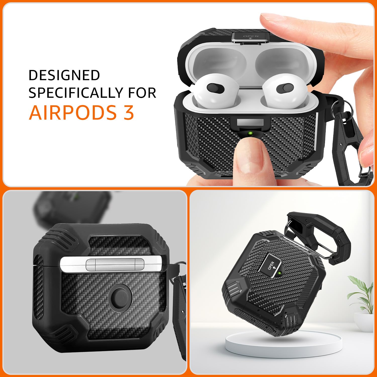 Amazon Basics Deluxe Shock-Absorbing Protective Case with Keychain for AirPods 3 | Visible Front LED | Sleek Design (Black)