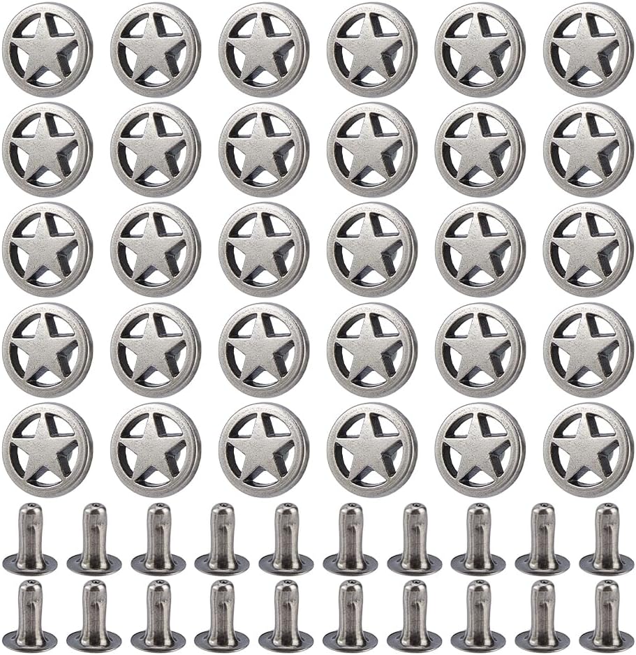 SUPERFINDINGS 120 Pcs Star Rivets 11mm Antique Silver Double Cap Leather Rivets Star Studs for Bags Belts Bracelets DIY Leathercraft Alloy Round Star Button Fasteners Kit 2.5mm Hole