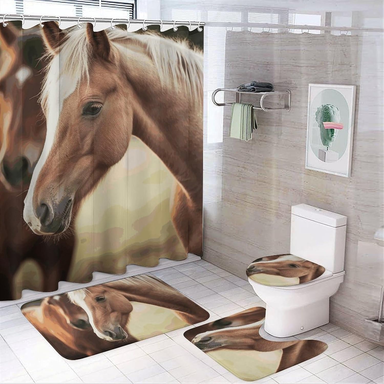 Adorable Horse Shower Curtains Set 4 Piece with Non-Slip Rugs, Toilet Lid Cover and Bath Mat Soft Bathroom Carpet Waterproof Bathroom Curtain with 12 Hooks for Bathroom Decor
